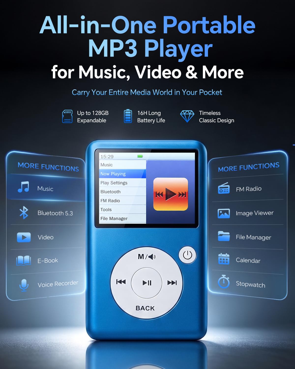 Lettore MP3 Bluetooth 5.3, audio HiFi senza perdita, schermo 2,31", memoria espandibile 128 GB, video 1080P, radio FM, e-book, registrazione, portatile per sport, studio e viaggi