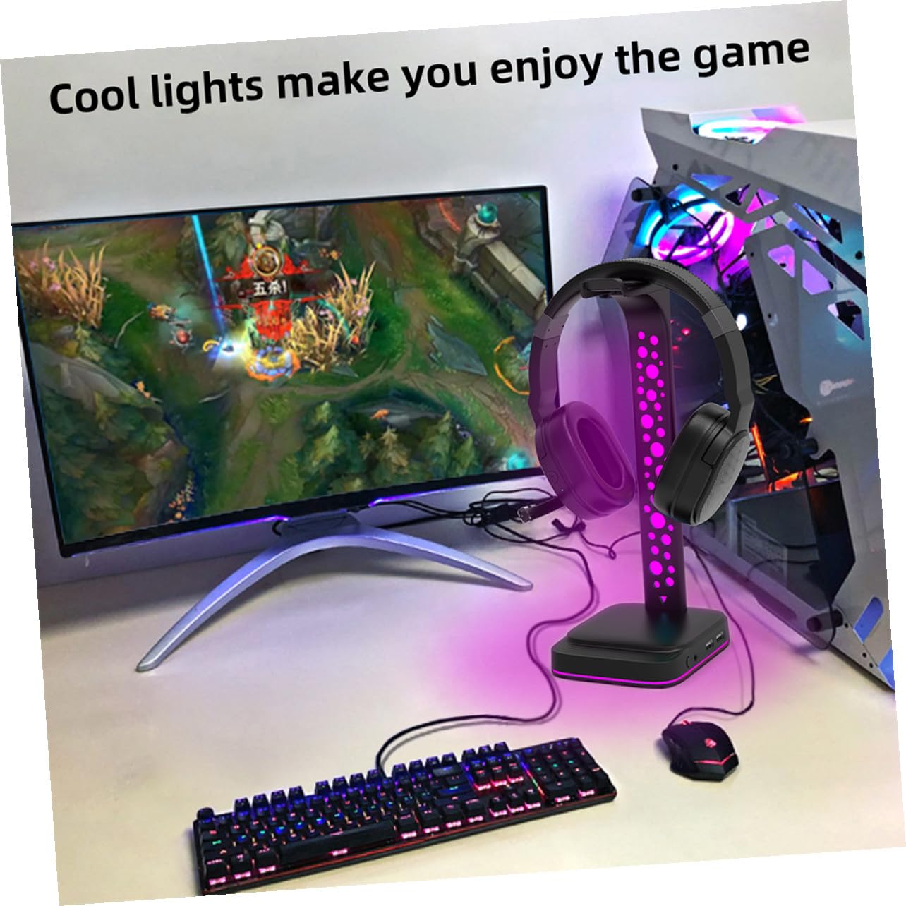 Veemoon Soporte para Auriculares RGB USB Hub de Abs Negro para Escritorio Gaming Pc, Diseño Duradero y Funcional Iluminación LED