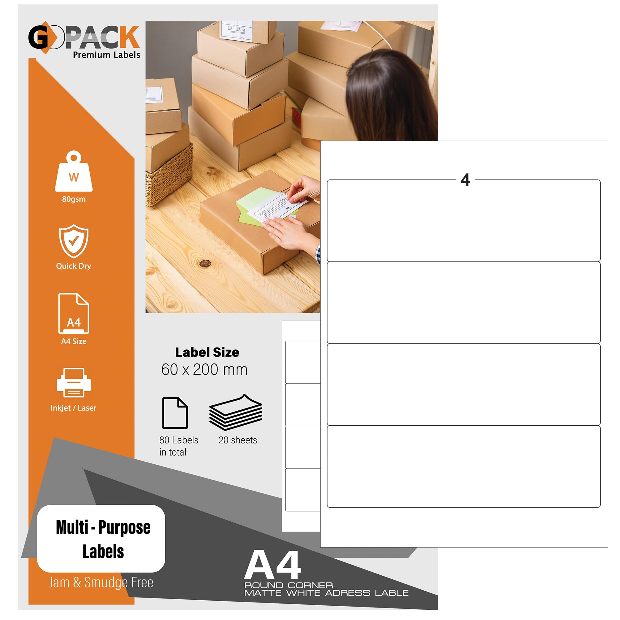 4x5 Inch Glossy White Waterproof Shipping Labels - 60 Printable Vinyl Sticker Sheets