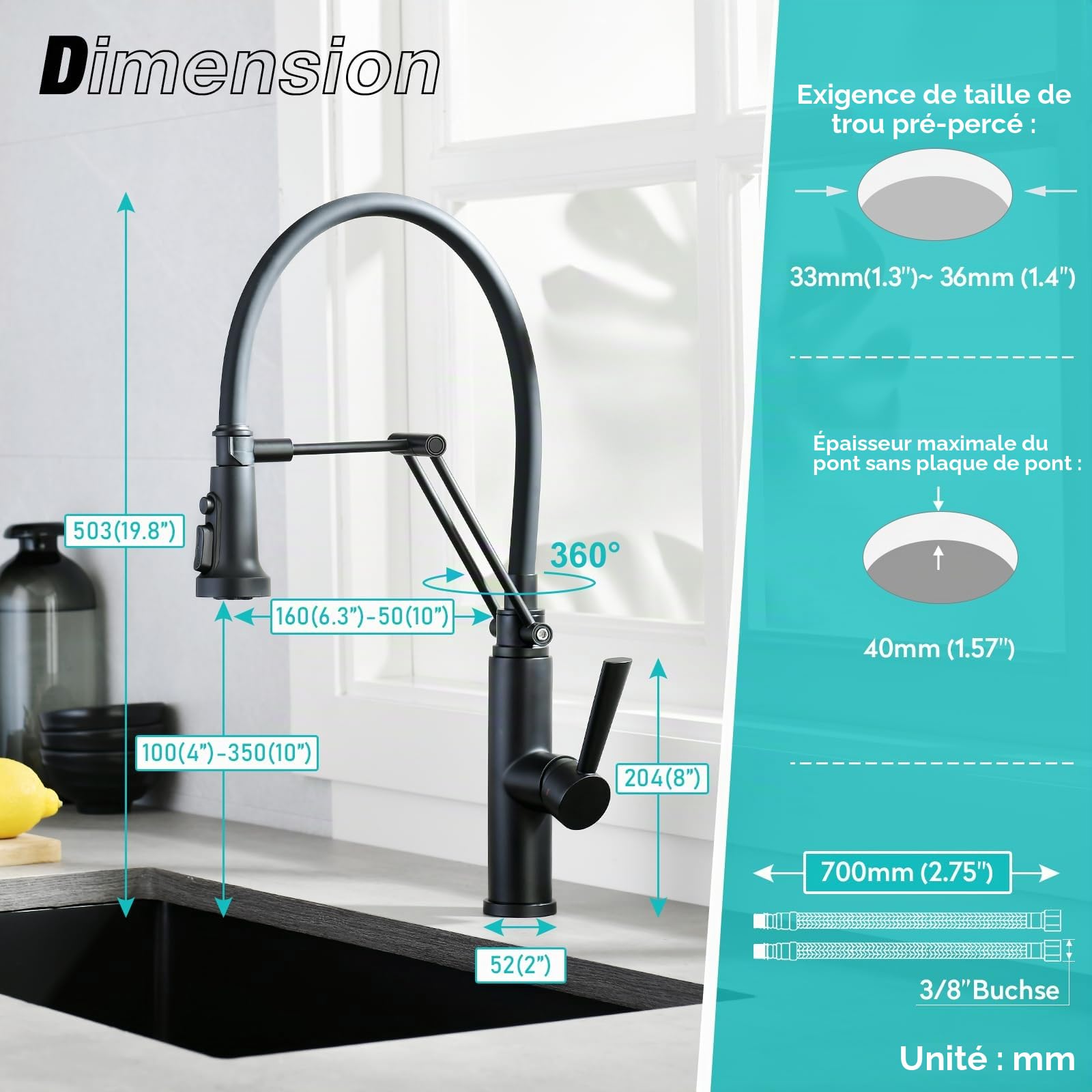 CREA Robinet de Cuisine avec Douchette Rabattable, Mitigeur Monocommande Robinet Évier de Cuisine Haute Pression avec Aimant Rotatif à 360° en Acier Inoxydable Mat Noir