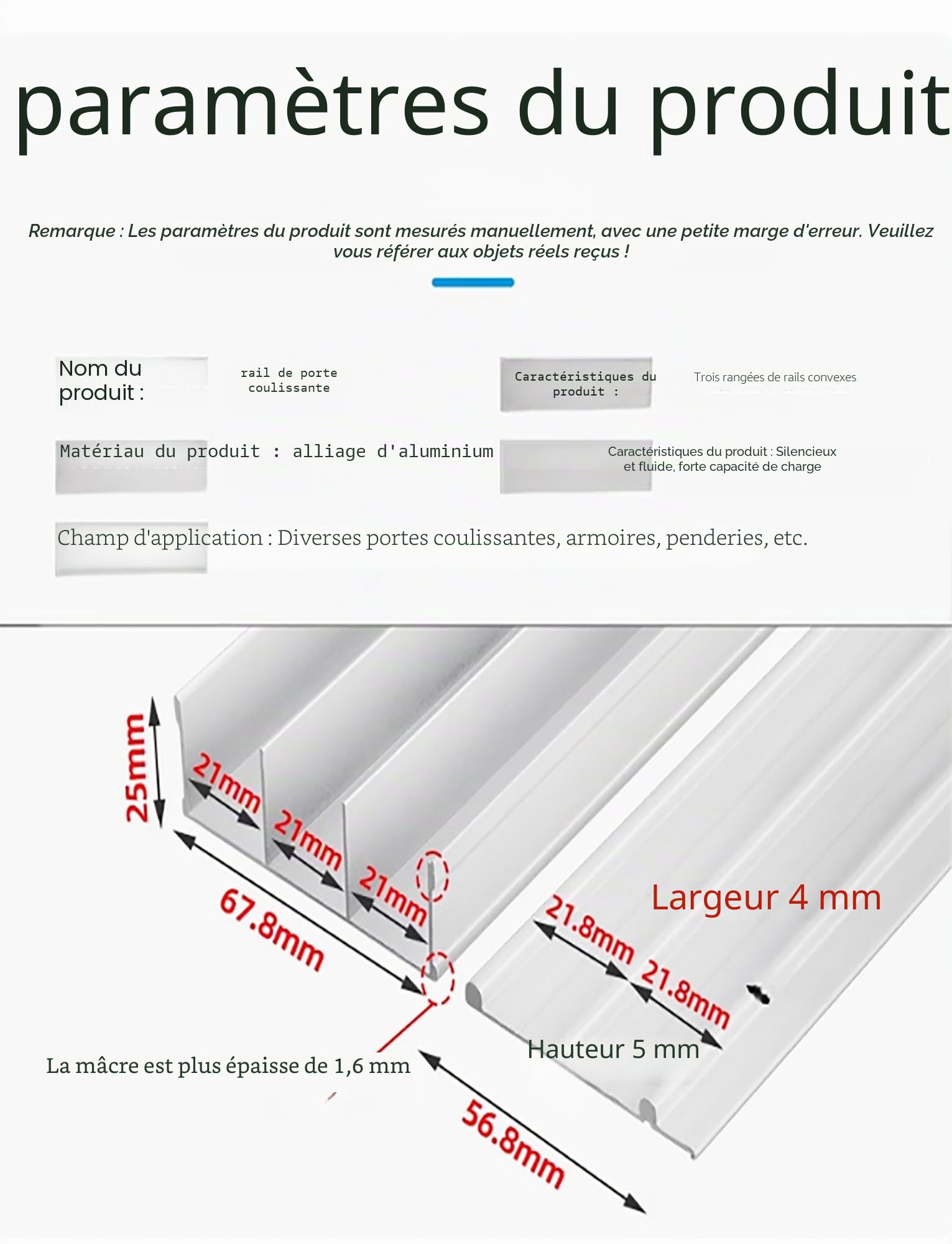 Rail Coulissant à 3 Voies, quincaillerie pour Porte coulissante de Placard, Programme Coulissant sans rainure, Rail de Porte de Garde-Robe, kit de Rail de Porte coulissante (180 cm/71 po)