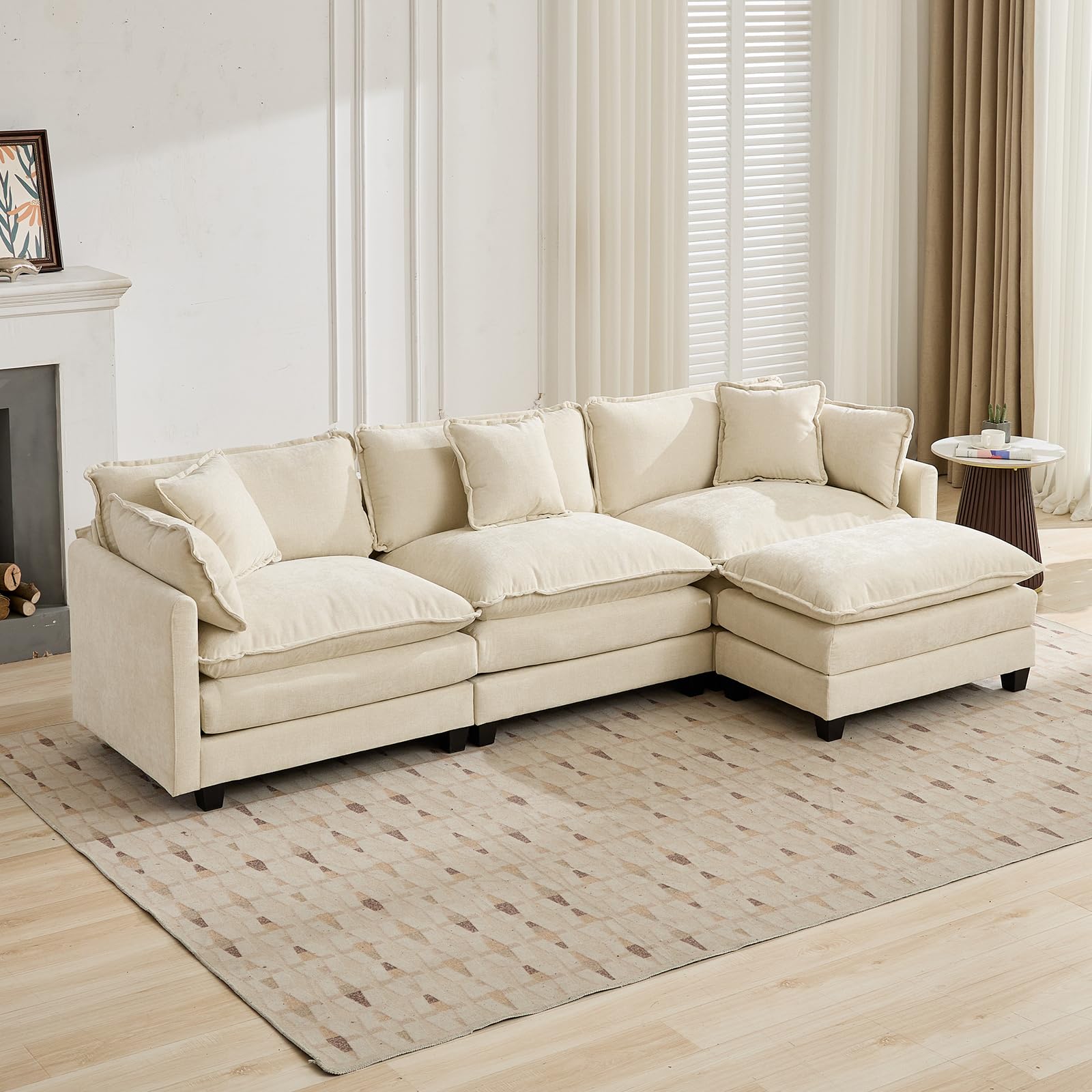 SEE DESCRIPTION 111.5" Beige Modular Sectional Sofa, 3 Seater Large Sectional Couches for Living Room, Ivory Off-White Chenille Fabric Oversized Cloud Couch with Ottoman, Modern Sofas Set, Sofas para Sala, L Shaped