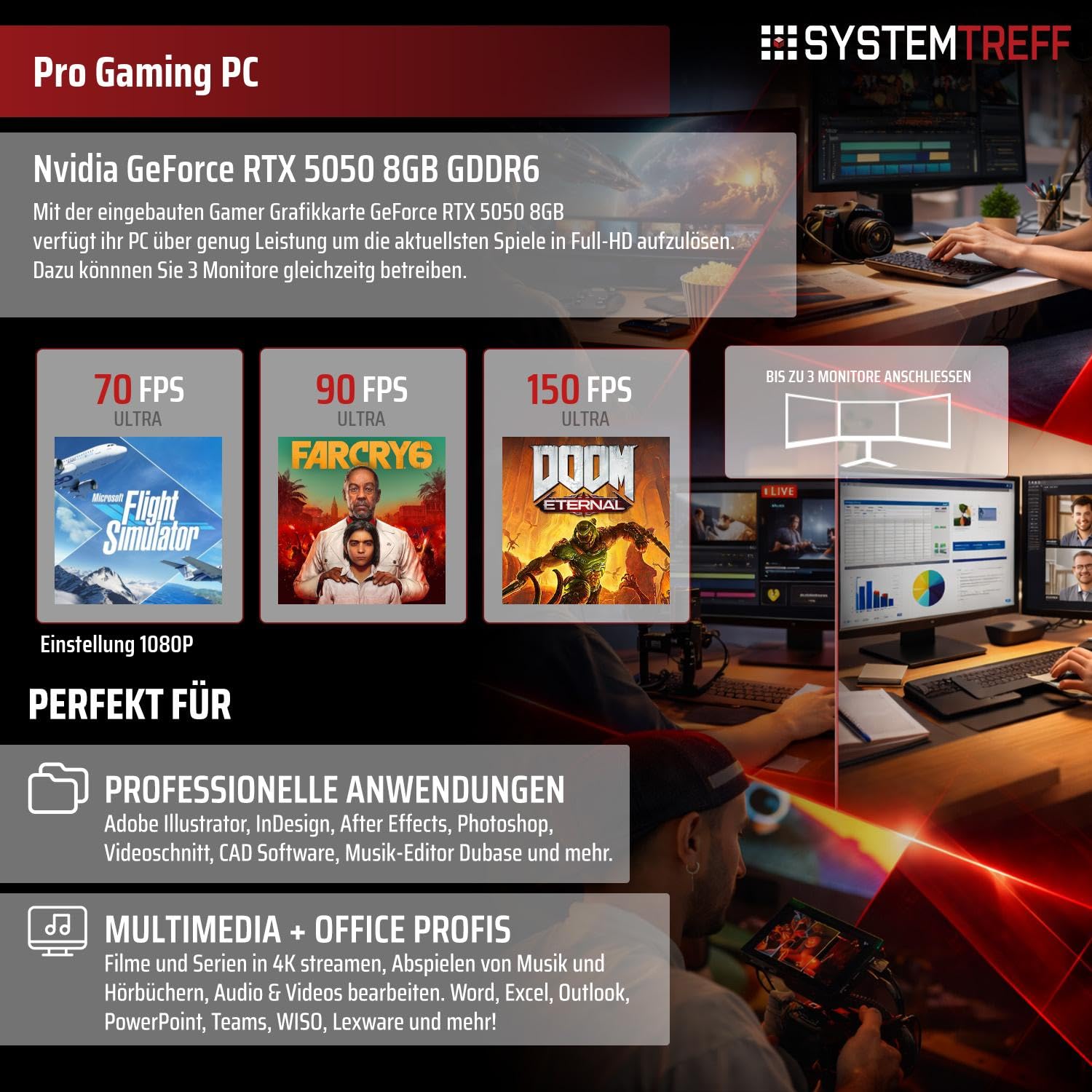 SYSTEMTREFF Gaming PC - AMD Ryzen 7 5700X - RTX 5050 8GB GDDR6 | AMD 8-Kern CPU bis 4.6 GHz, 16GB DDR4, 512GB M.2 NVMe SSD, Nvidia Grafik WLAN, Windows 11, für Gaming, Streaming