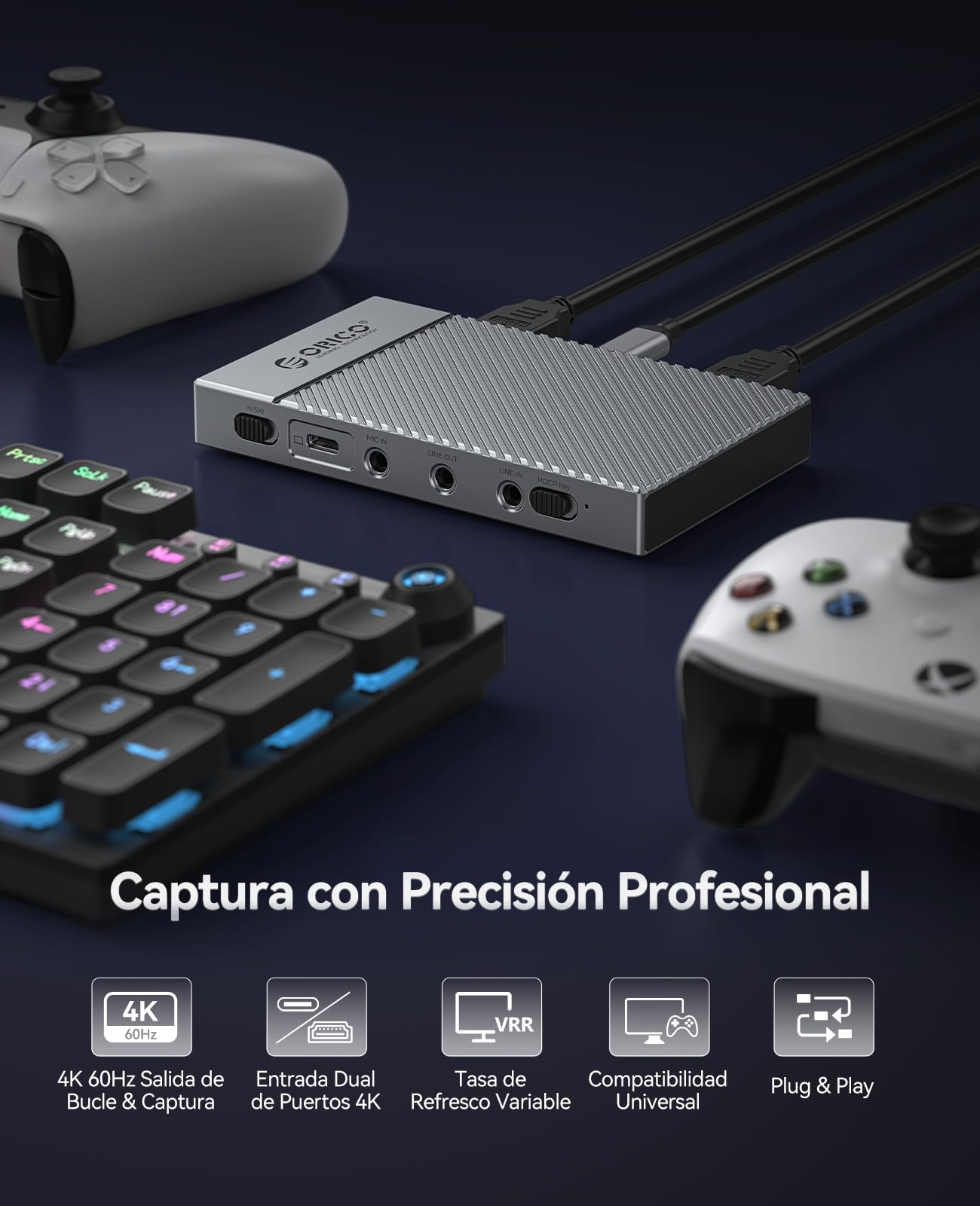 ORICO Capturadora HDMI 4K@60Hz con Passthrough - HDR, VRR, Ultra Baja Latencia - Compatible con Switch, PS5/PS4, Xbox, Windows, Mac, Linux, Android