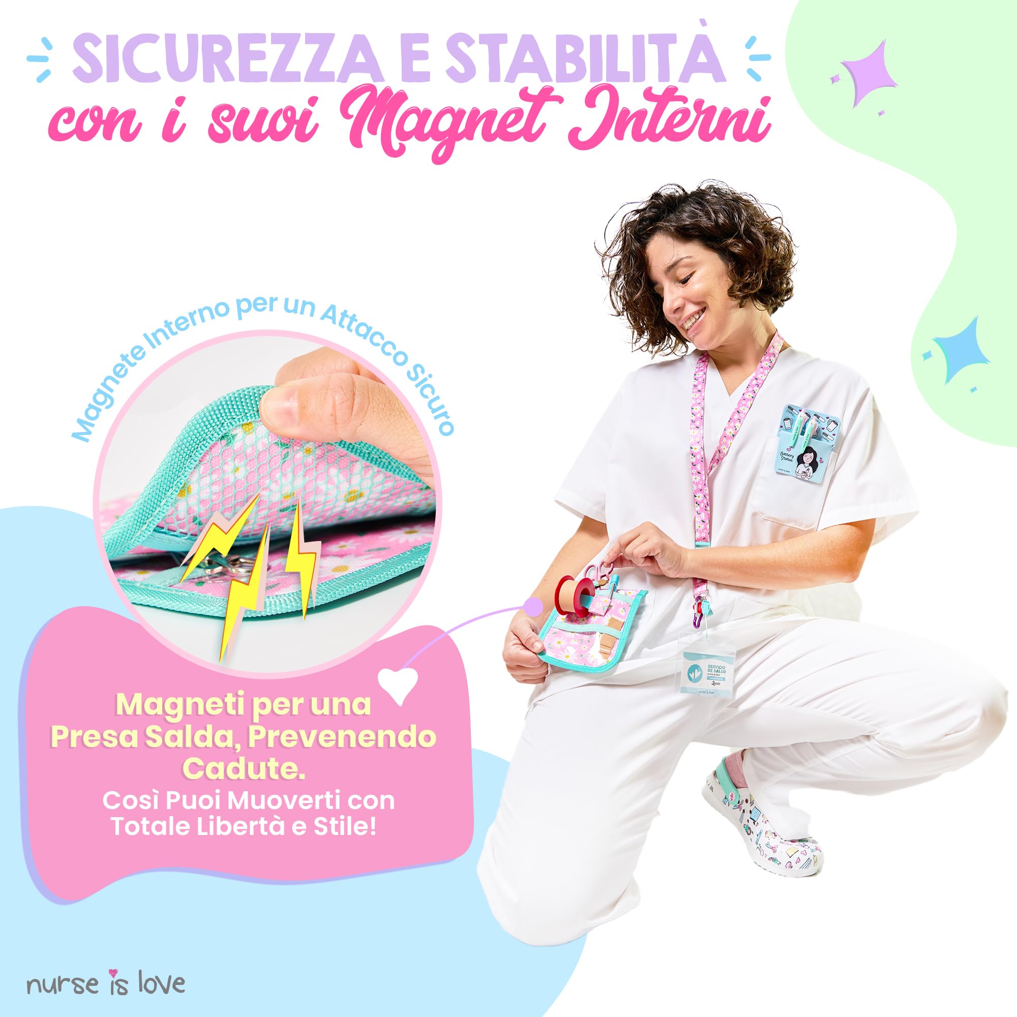 Nurse is Love Set Infermiera e TCAE (3 pezzi). | Organizer Infermiere + Porta Badge da Collo + Forbici Infermiere Curva | Regali Personalizzati - Kit Accessori - DAISIES