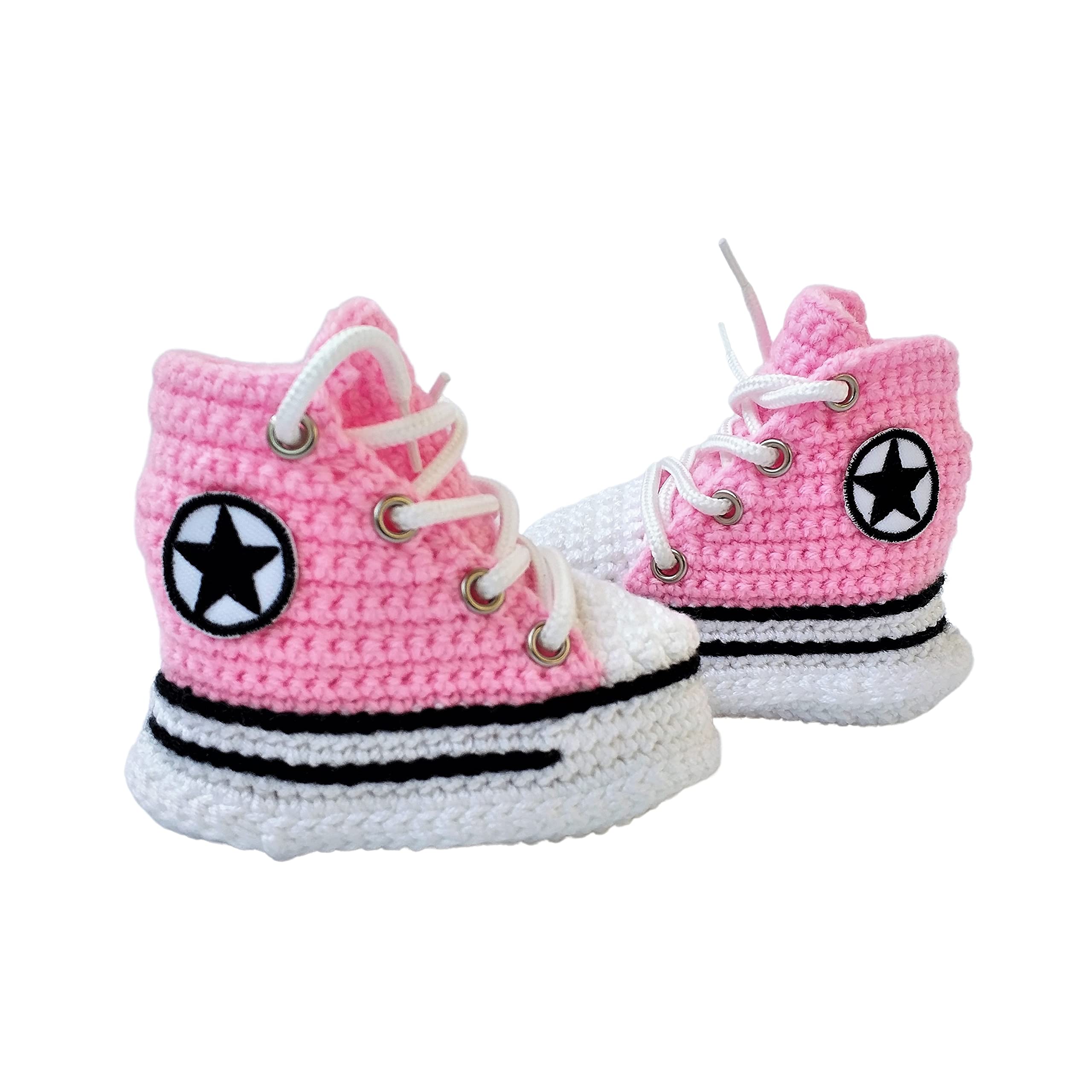 Handgemachte Häkel Merinowolle rosa Baby Booties Sneaker, weiche High-Top Krabbelschuhe für Neugeborene und Kleinkinder, rutschfeste Sohle, individuelle Größen, Geschenk zur Geburt