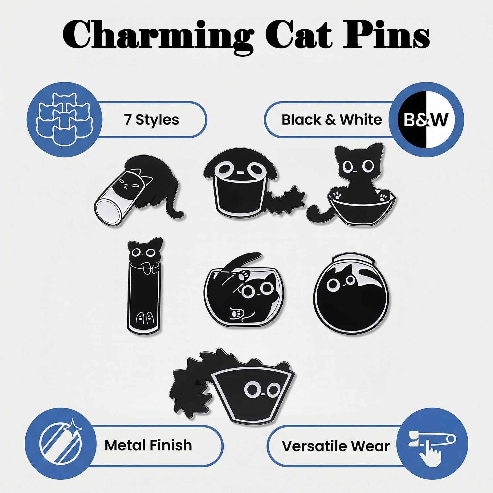 Broches Esmaltados Gato Negro Set 7 Pins para Mochila, Insignias de Esmalte Zinc