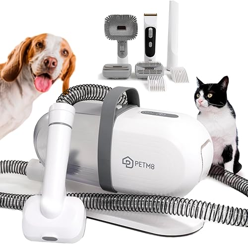 PETM8 Kit de aspiradora profesional para mascotas, succión 99% pelo de mascotas, cortapelos eléctricos con herramientas de aseo 5 en 1 para limpieza