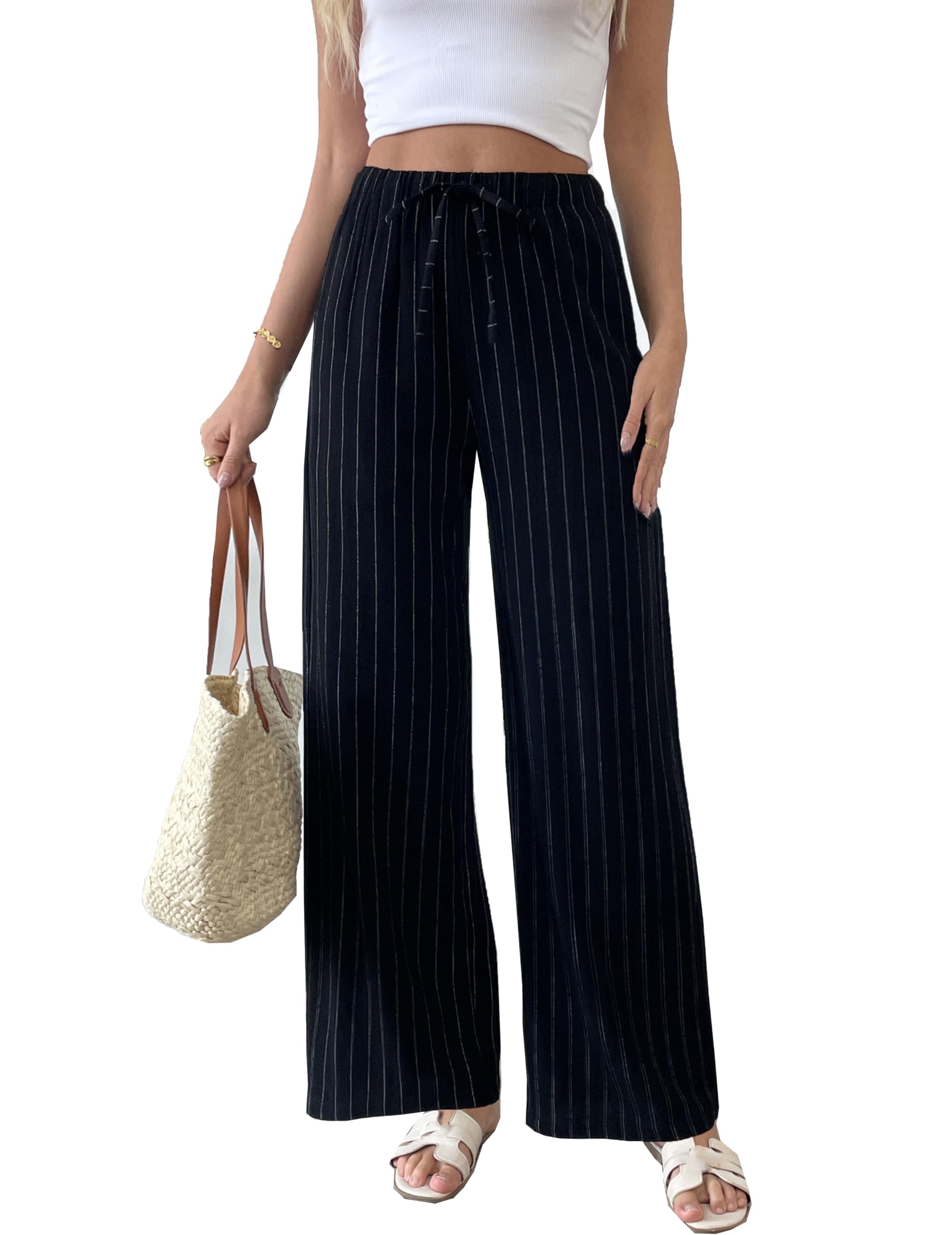 heipeiwa Womens Linen Pants Striped Summer Boho Straight Wide Leg Beach Lounge Casual Trousers