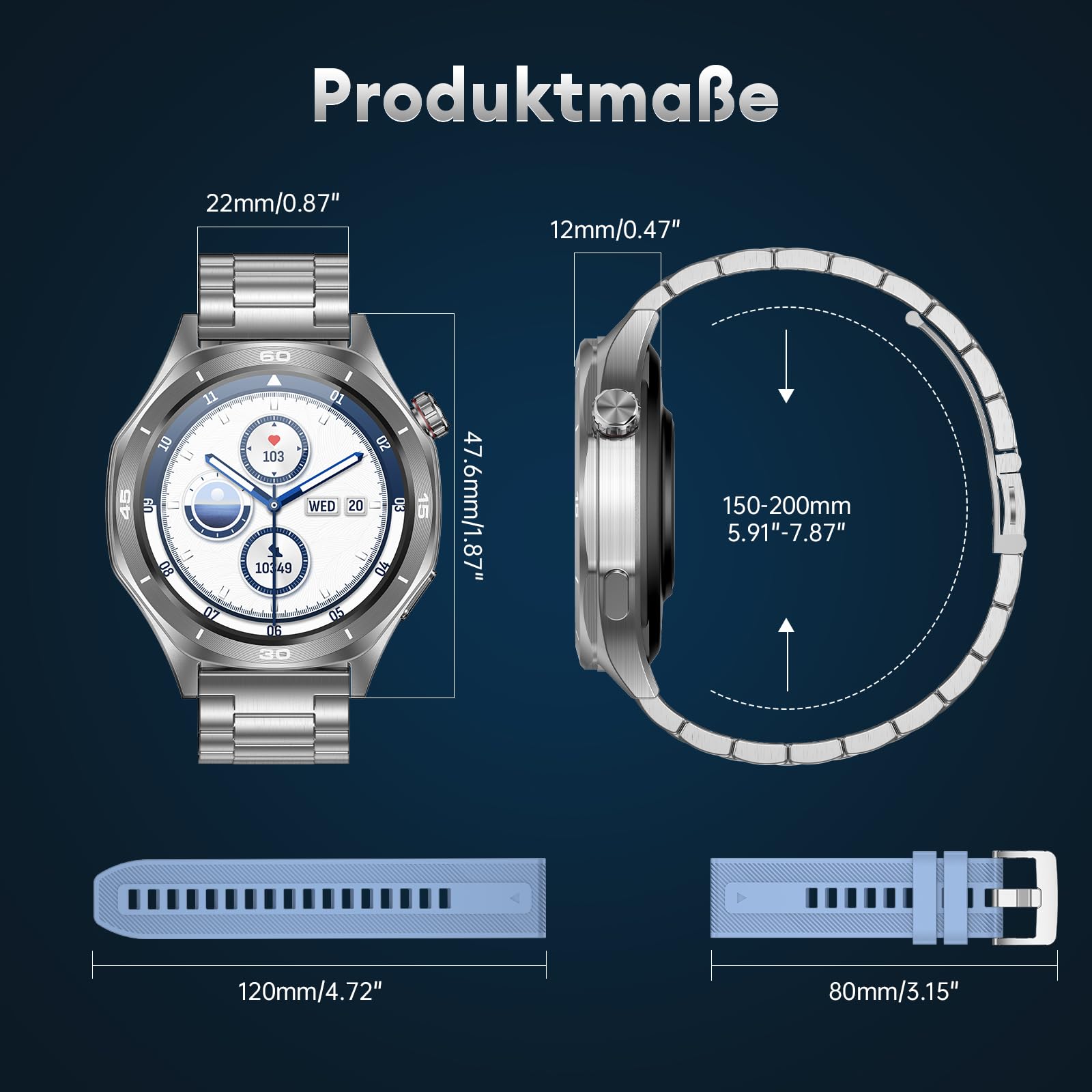 Smartwatch Herren, 1,52'' Robuste Fitnessuhr Rund mit 500mAh Langer Akku/IP68 Wasserdicht/120+ Sportmodi/Herzfrequenz/SpO2/Schlafmonitor/Telefonfunktion für Android iOS, Silber