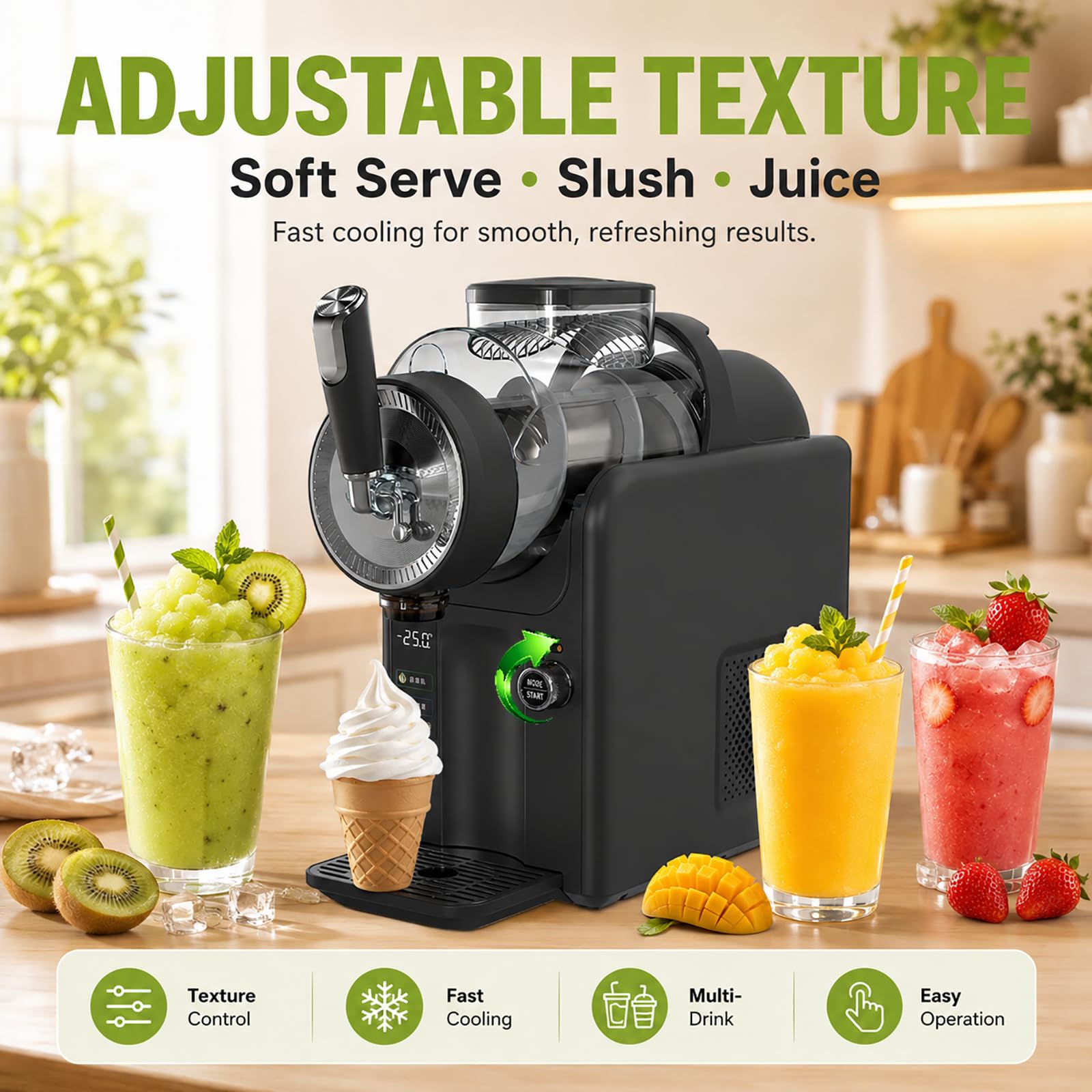 Slushie Maszyna do lodów domowych 2 l, miękka maszyna do lodów z regulowaną konsystencją, koktajl mleczny i urządzenie do smoothie, samoczyszczący ekspres do deserów i napojów, czarna