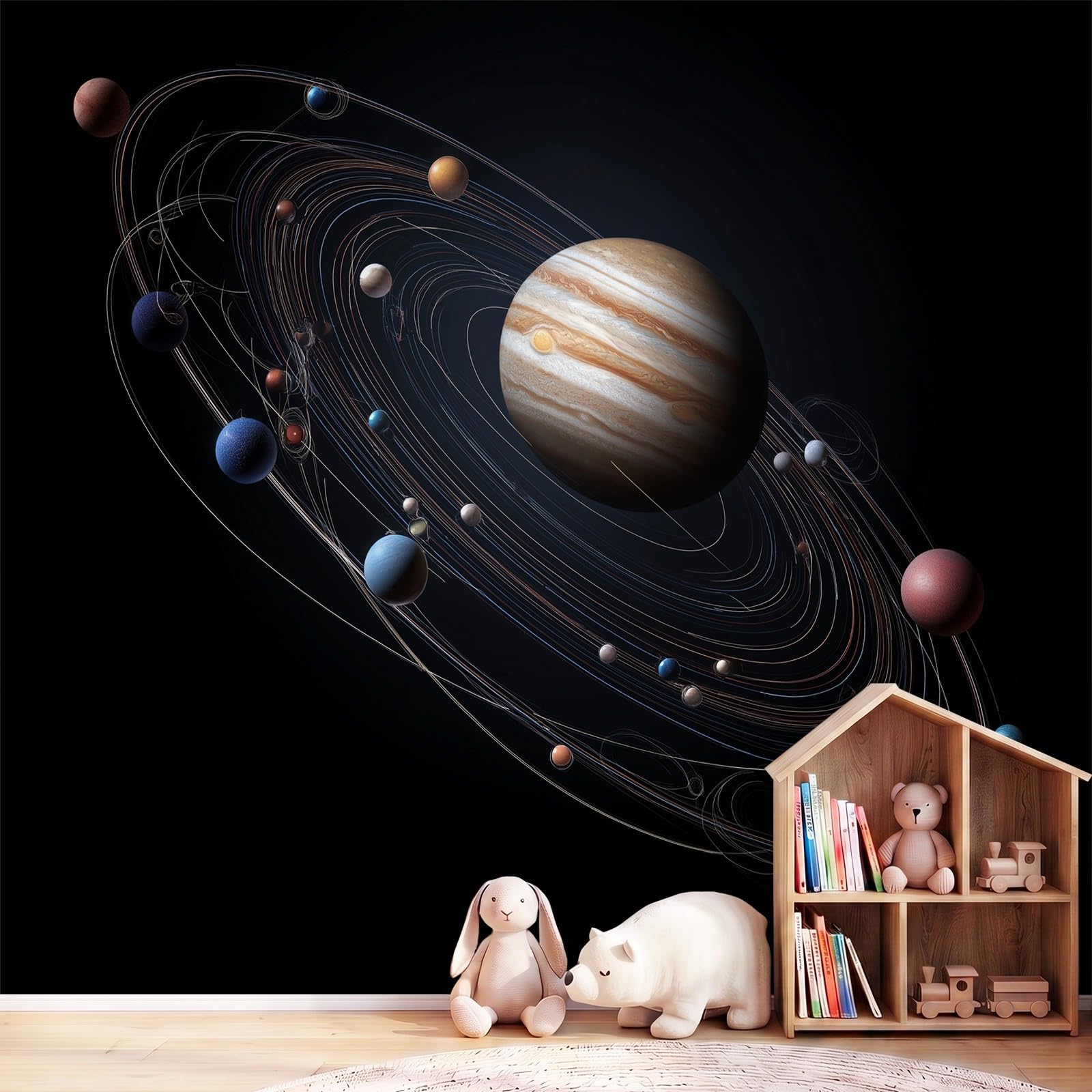 Technologia z motywem kosmosu, planeta Jowisz, tapeta ścienna, dekoracja ścienna, tapeta z motywem, 300 x 210 cm, dekoracja ścienna, tapeta ze wzorem do salonu, sypialni