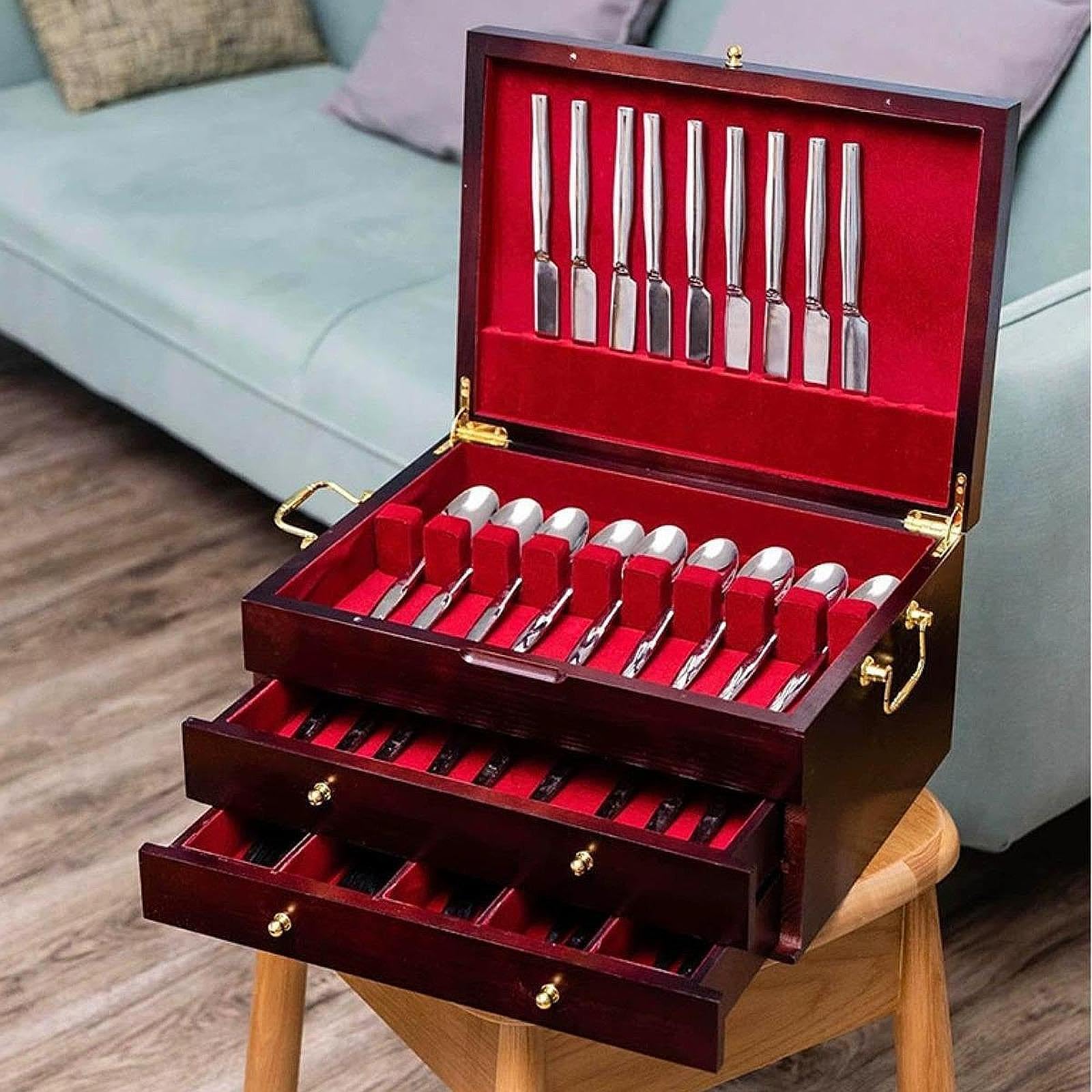 Coffret à Couverts en Bois avec Poignée, Boîte Rangement Multifonctionnelle pour Argenterie, Couverts Restaurant, Coffret Bois Doublé Feutre pour Cuisine, Maison, 3 Niveaux