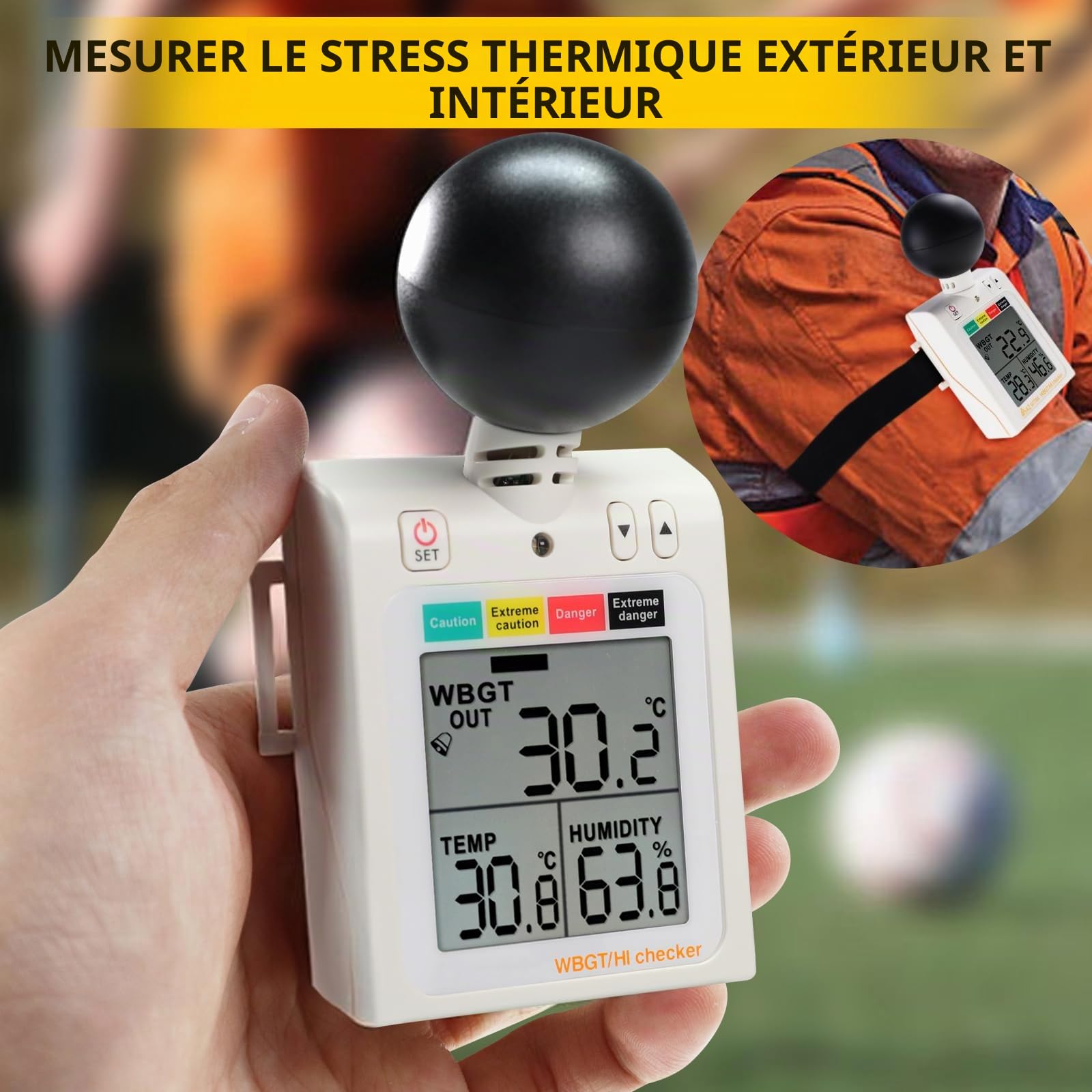 Portable 2-en-1 WBGT + HI vérificateur d'indice de chaleur ampoule humide Globe température chaleur Stress mètre Air Globe température humidité testeur