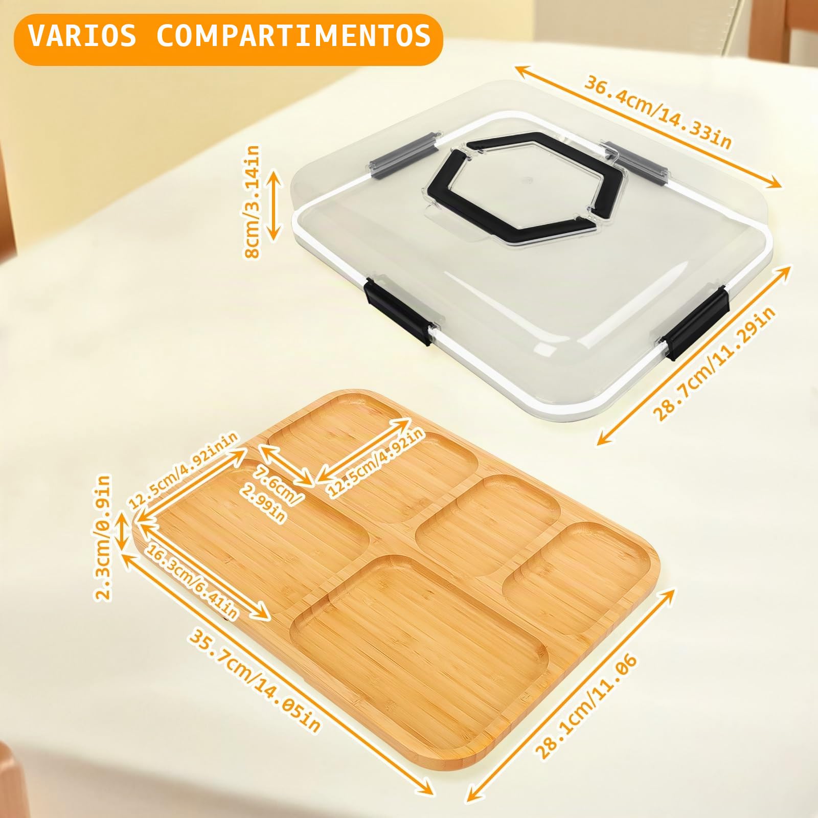BigKing Bandeja para servir de bambú, bandeja de aperitivos con tapa y 6 ranuras, tabla de bambú para quesos, recipientes para frutas, aperitivos, dulces, verduras, nueces, picnics