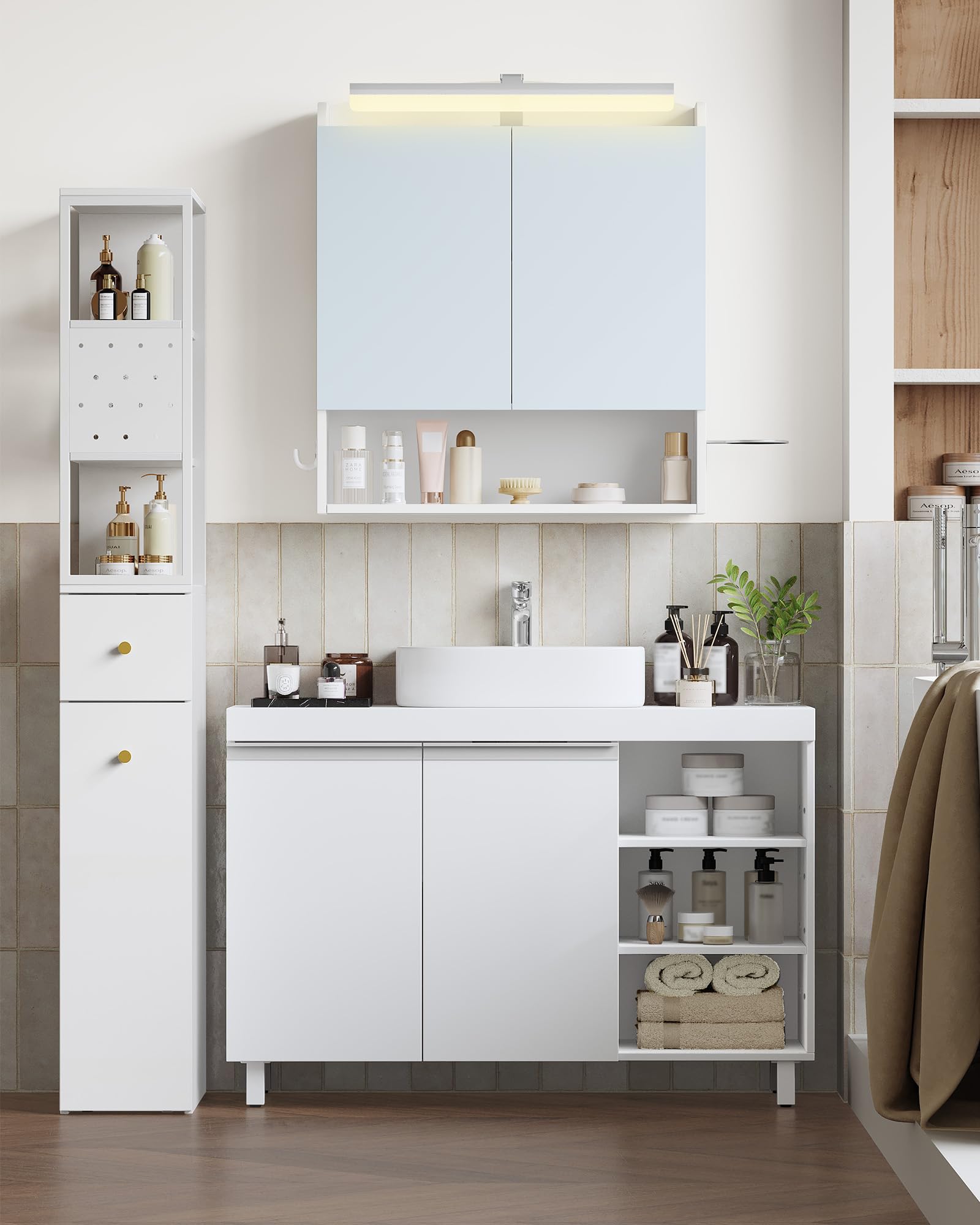Hzuaneri Waschbeckenunterschrank, 30 x 90 x 64 cm, Badezimmerschrank mit 2 Türen und 3 offene Fächer, Unterschrank mit verstellbaren Ablagen, Freistehend Waschtischunterschrank, Weiß BC28903X