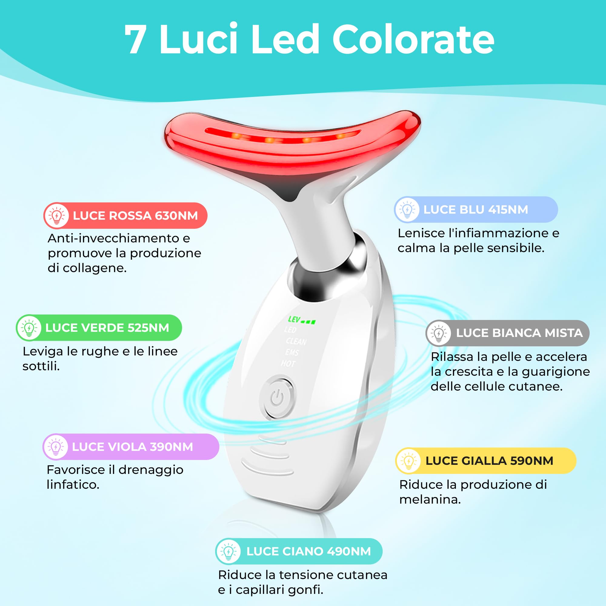 Massaggiatore Viso antirughe, Massaggiatore per la tonificazione e il rassodamento della pelle, terapia con luce rossa, EMS gua sha a 45°C, lifting viso e anti-età con 7 colori e 3 modalita led.