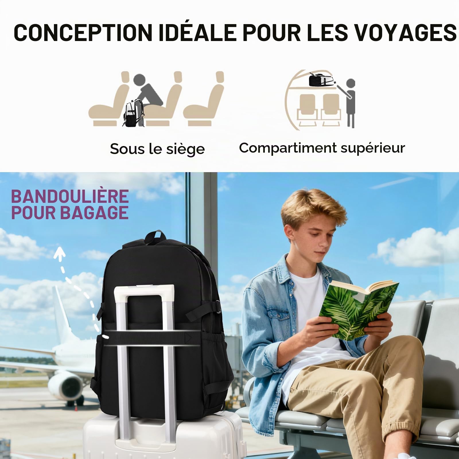 Amythe Sac à Dos Garçon Cartable Collège Imperméable Ordinateur 15.6", Sac Dos Loisir Noir 30L avec Breloque Tendance pour Ados et Hommes, École, Voyage, Noël ou Rentrée Scolaire