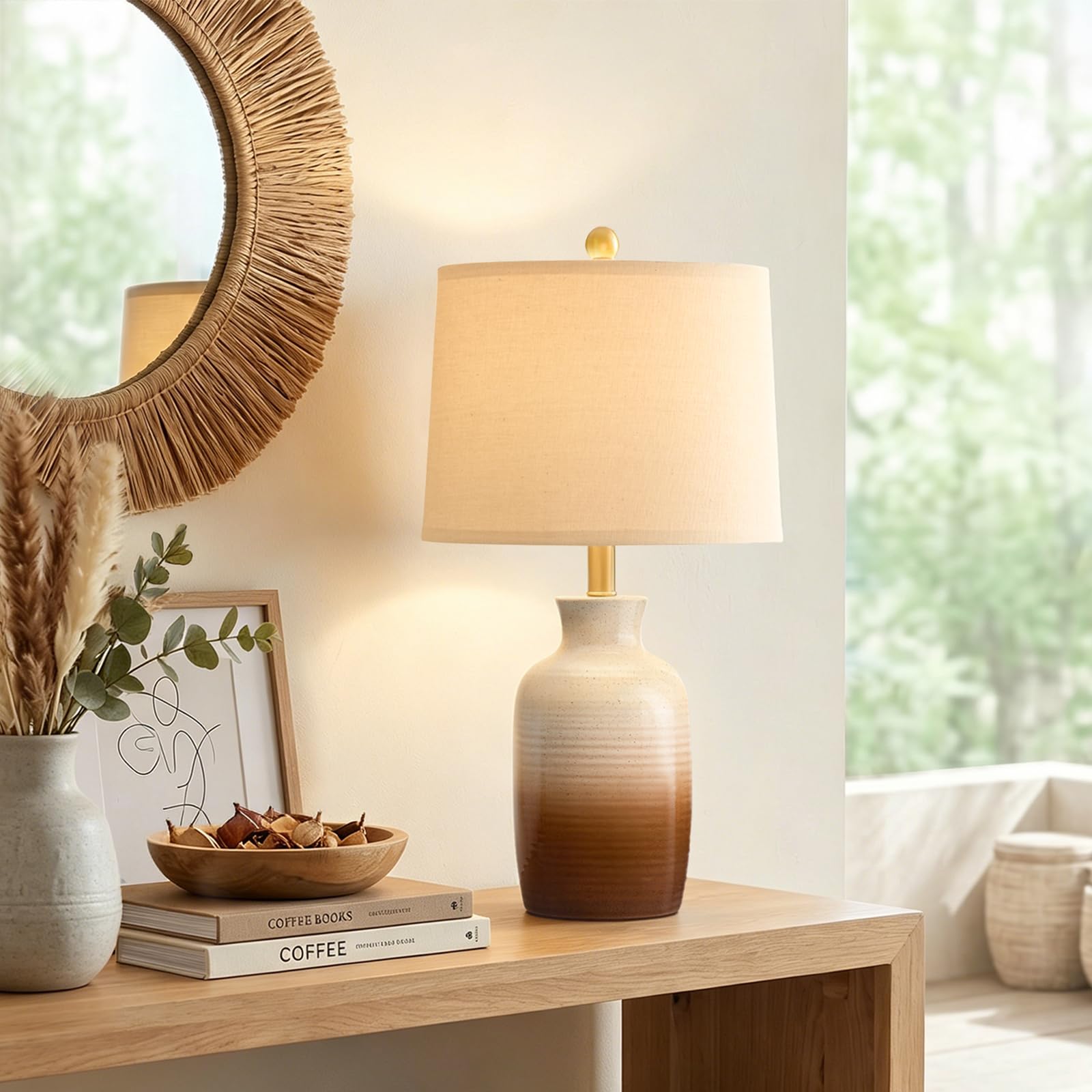 Photo 1 of PoKat 24'' Farmhouse Handcrafted Table Lamp for Living Room, Rustic Ceramic Bedroom Lamps for Night Stands, Bedside Lamps with Soft Ombre Finish for Entryway Sideboard End Table (Beige and Brown)