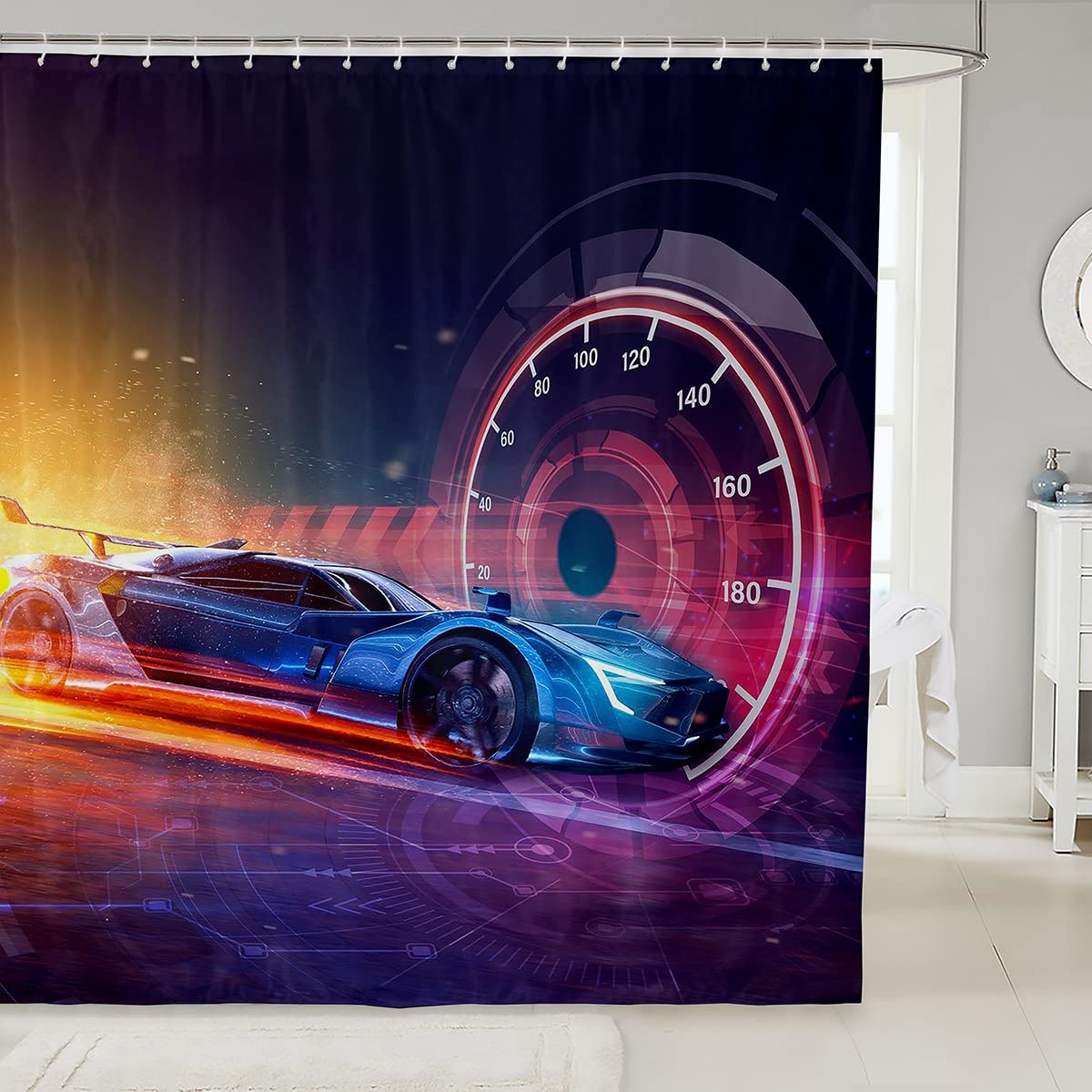 Sports Car Shower Curtain Race Sports Car Bath Curtain with Hooks for Kids Boys Girls Teens Young Men Blue Racing Car Bathroom Shower Curtain Extreme Sports Waterproof Fabric Bathroom 72x72 Inch — image 1