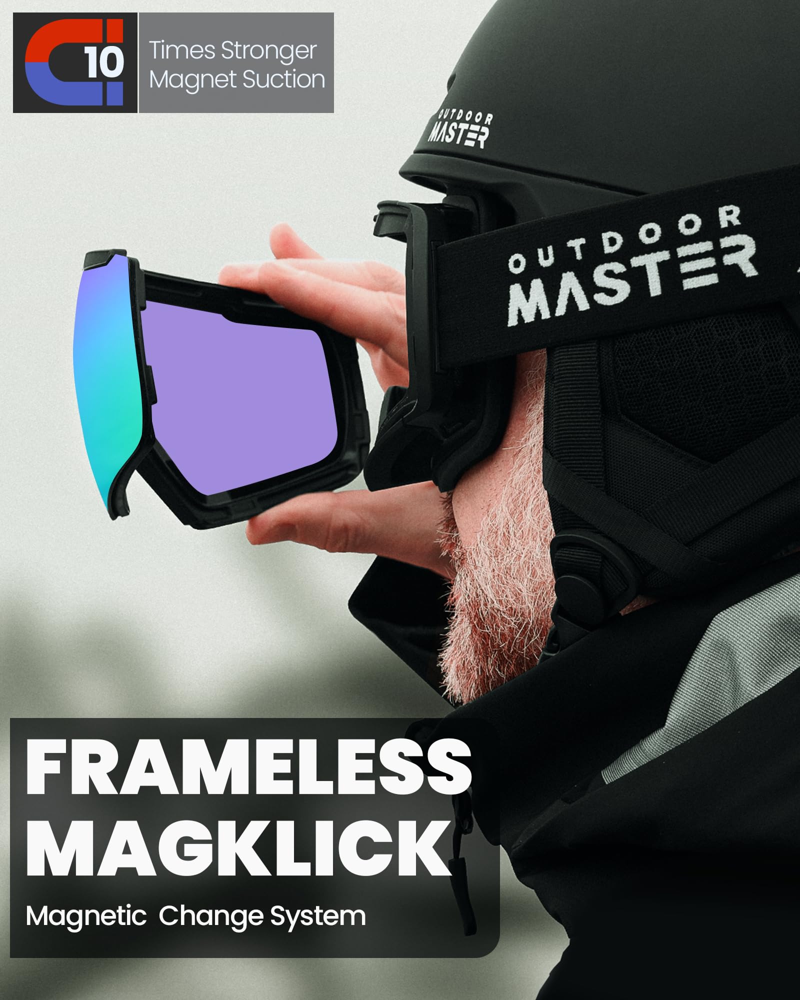 OutdoorMaster Heron Skibrille mit 2 Gläsern, rahmenlos, magnetisch austauschbare HD Toric Lens, OTG Snowboardbrille für Männer & Frauen, 100% UV-Schutz Snow Goggles