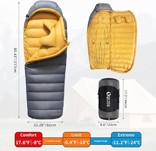 Miniatura 9 de QEZER Saco de dormir de plumón para adultos, adolescentes, niños, saco de dormir ultraligero para mochileros, 600 rellenos de pato de plumón