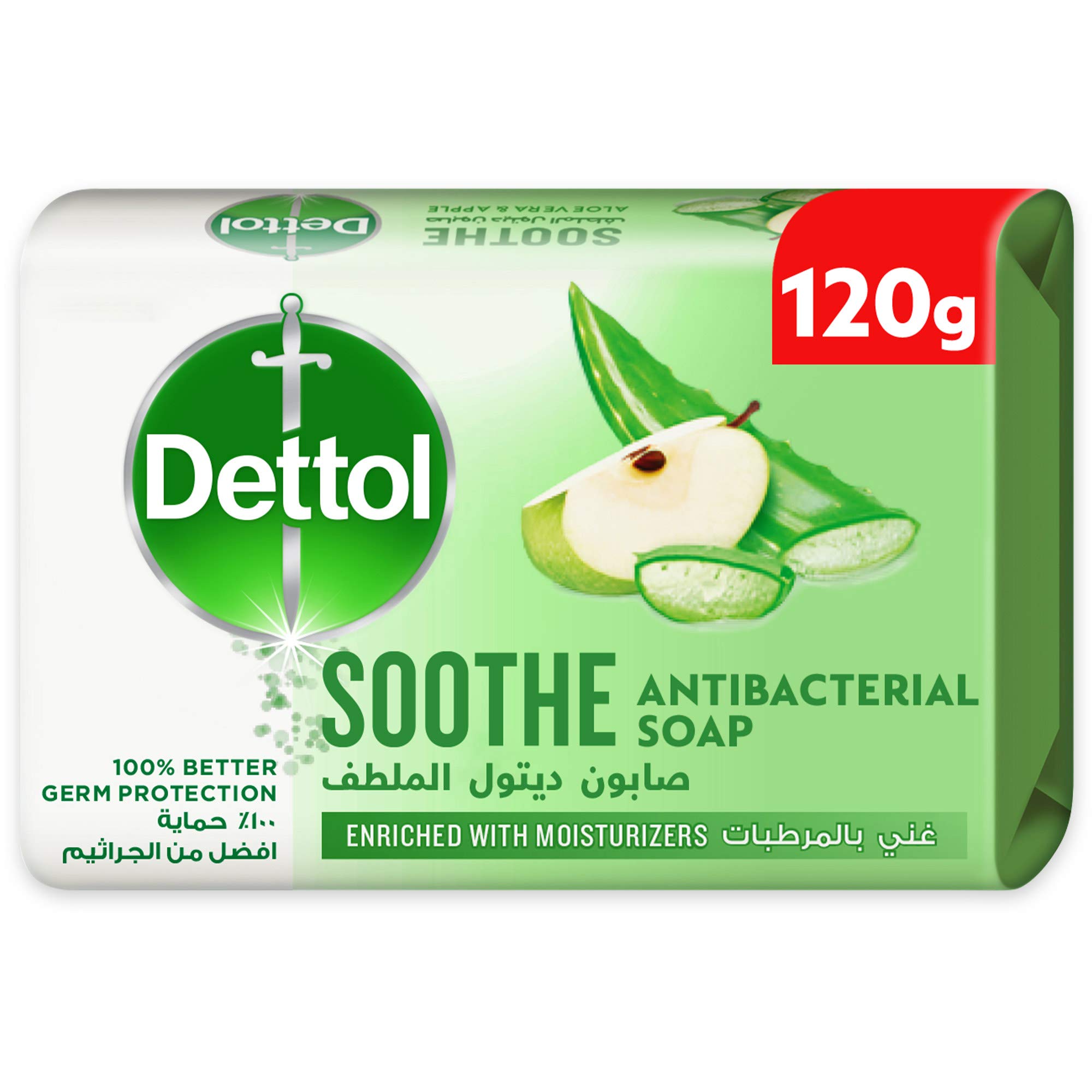 Dettol Soothe Anti-Bacterial Bathing Soap Bar for effective Germ Protection & Personal Hygiene (protects against 100 illness causing germs), Aloe Vera & Apple Fragrance, 120g