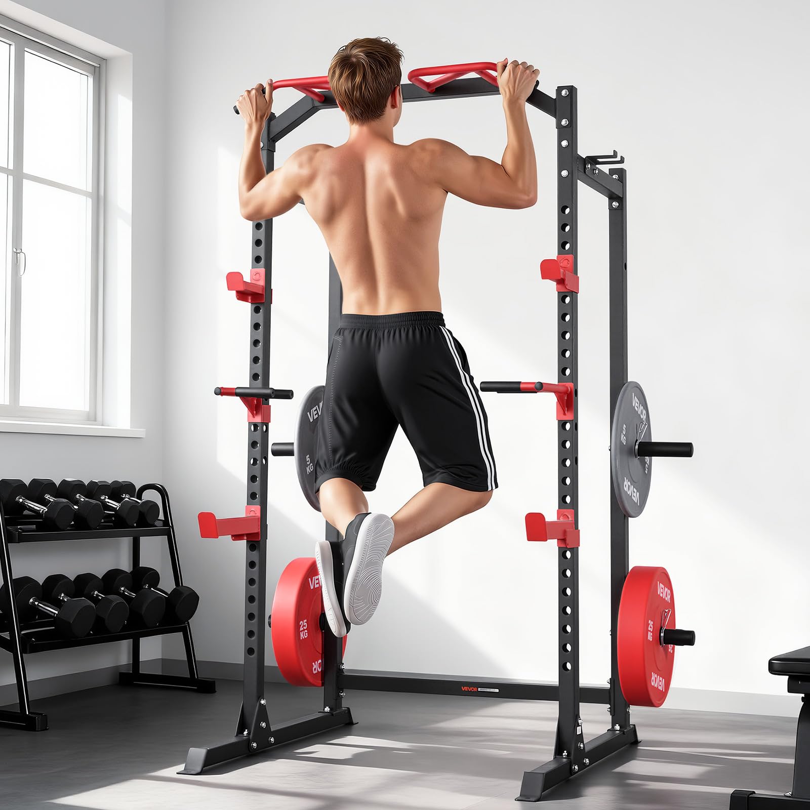VEVOR Power Cage Power Rack, multifunktionales Squat-Rack mit Verstellbarer Höhe, Heimfitnessgerät für Krafttraining mit J-Haken & weiteren Fitnessaufsätzen für Bankdrücken Klimmzüge Dips