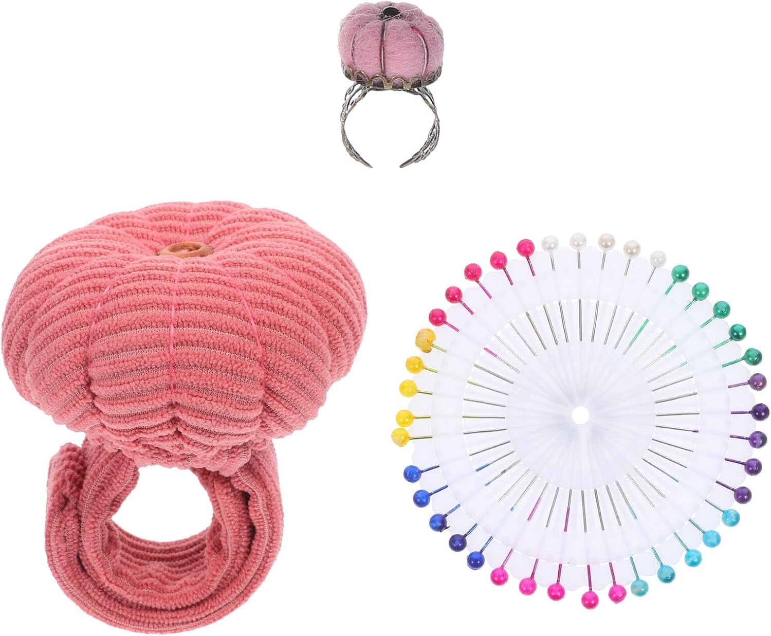 Housoutil Wrist Sewing Pincushion Set with Pumpkin Corduroy Snap Bracelet and Finger Needle Cushion Pink for DIY Crafts Quilting Needlework