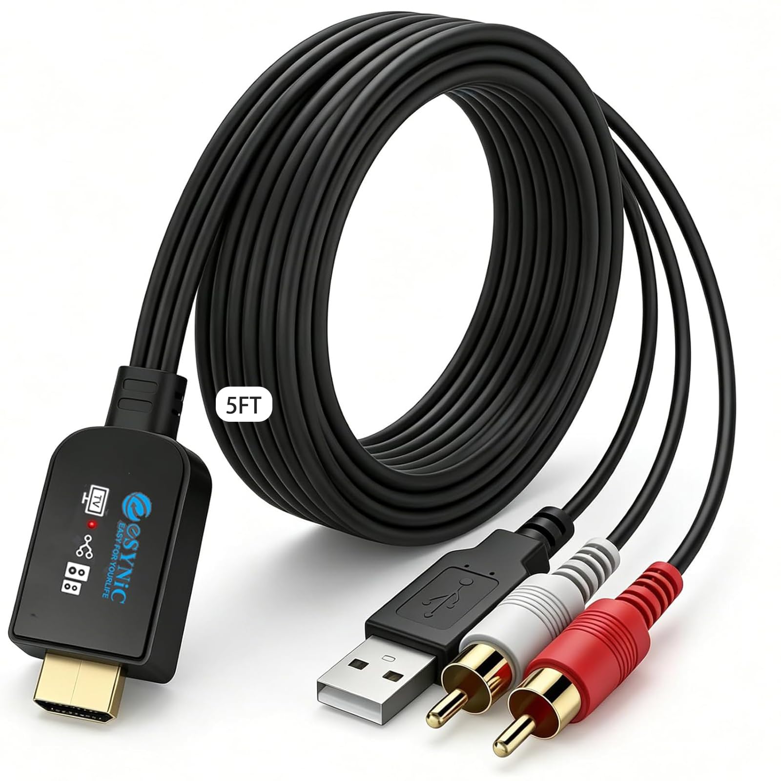 eSynic eARC/ARC na cinch kabel audio adapter HDMI do analogowego stereo L/R 192 kHz PCM CEC regulacja głośności, pilot TV do aktywnych głośników i wzmacniacza, tylko PCM Stereo