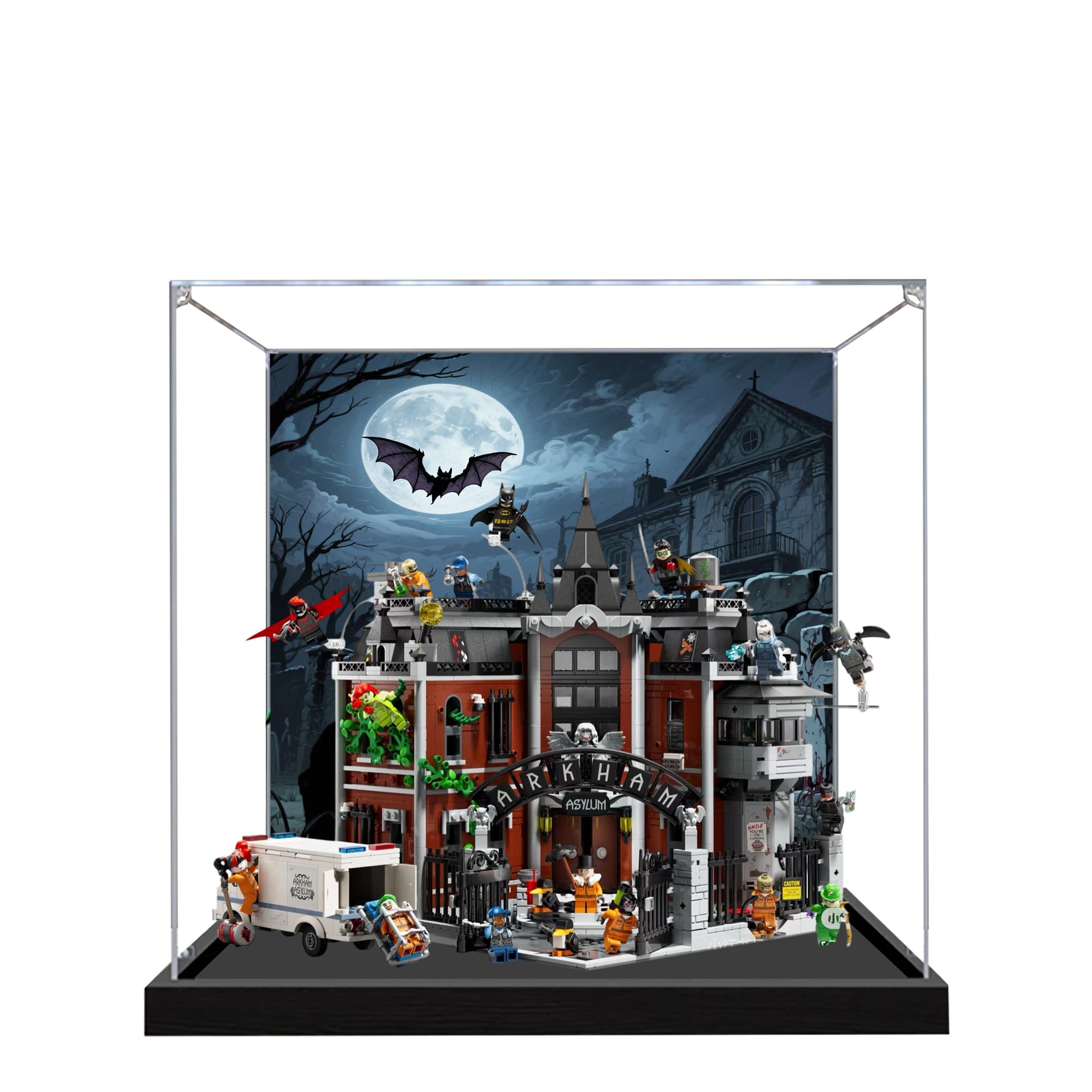 Acrylic Display Case for Lego 76300 Arkham Asylum Model, 3mm Dustproof Display Box, Display Case Compatible with Lego 76300 (Model Not Included) (Background 3MM)