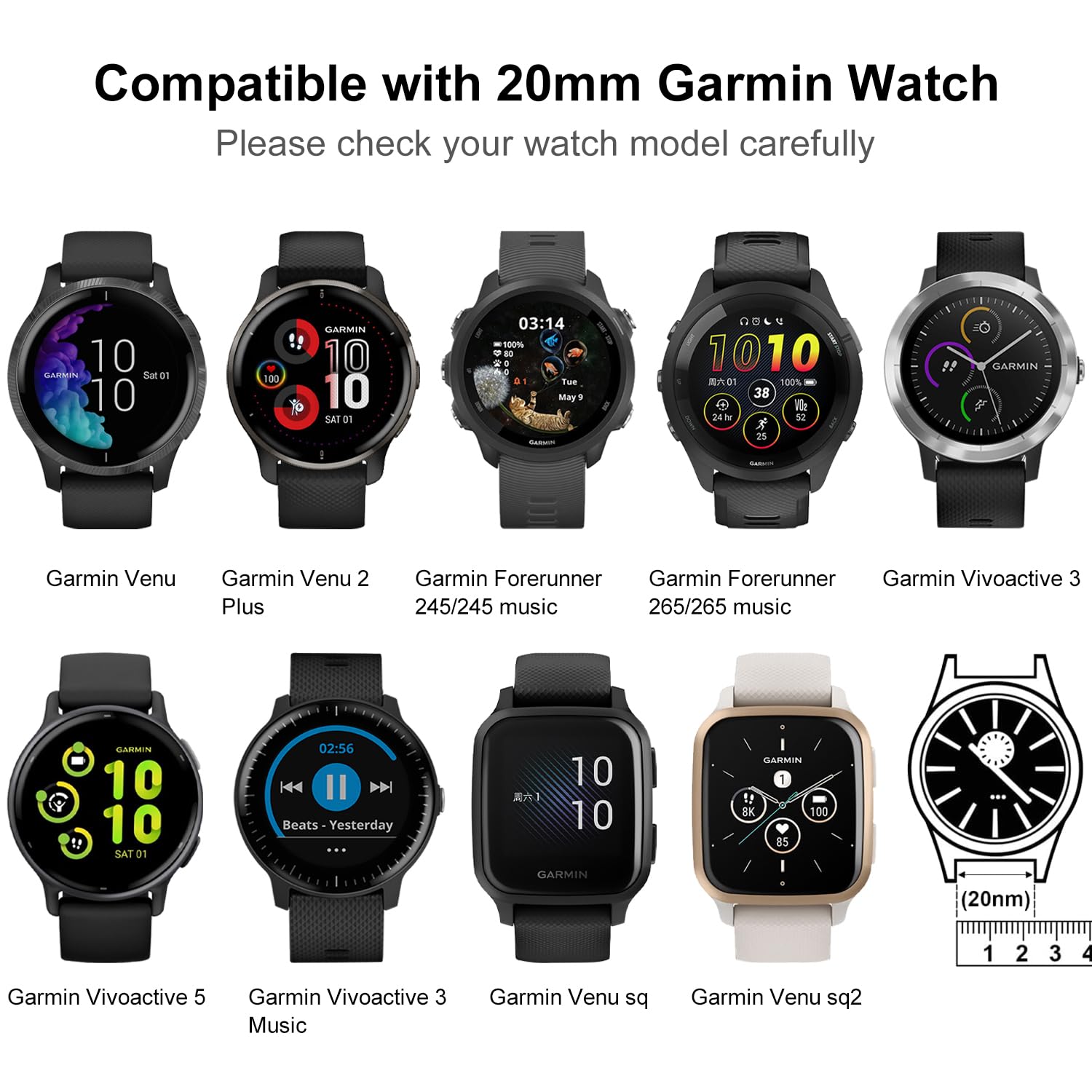 Paquete de 8 correas elásticas de nailon para reloj compatibles con Garmin Vivoactive 6/5/Venu/Venu Sq/Venu 2 Plus, bandas de nailon elástico suave de 20 mm para Garmin Vivoactive 3/Forerunner