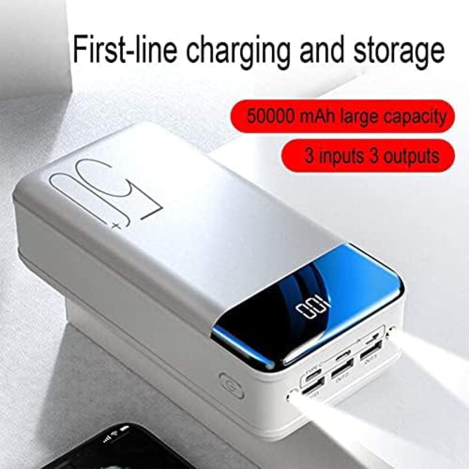 Power Bank Szybkie ładowanie 50000 mAh Przenośna ładowarka, Duża pojemność 3 wyjścia Bateria do telefonu z latarką i wyświetlaczem LED Zewnętrzna bateria kompatybilna z 99% urządzeń USB,Black