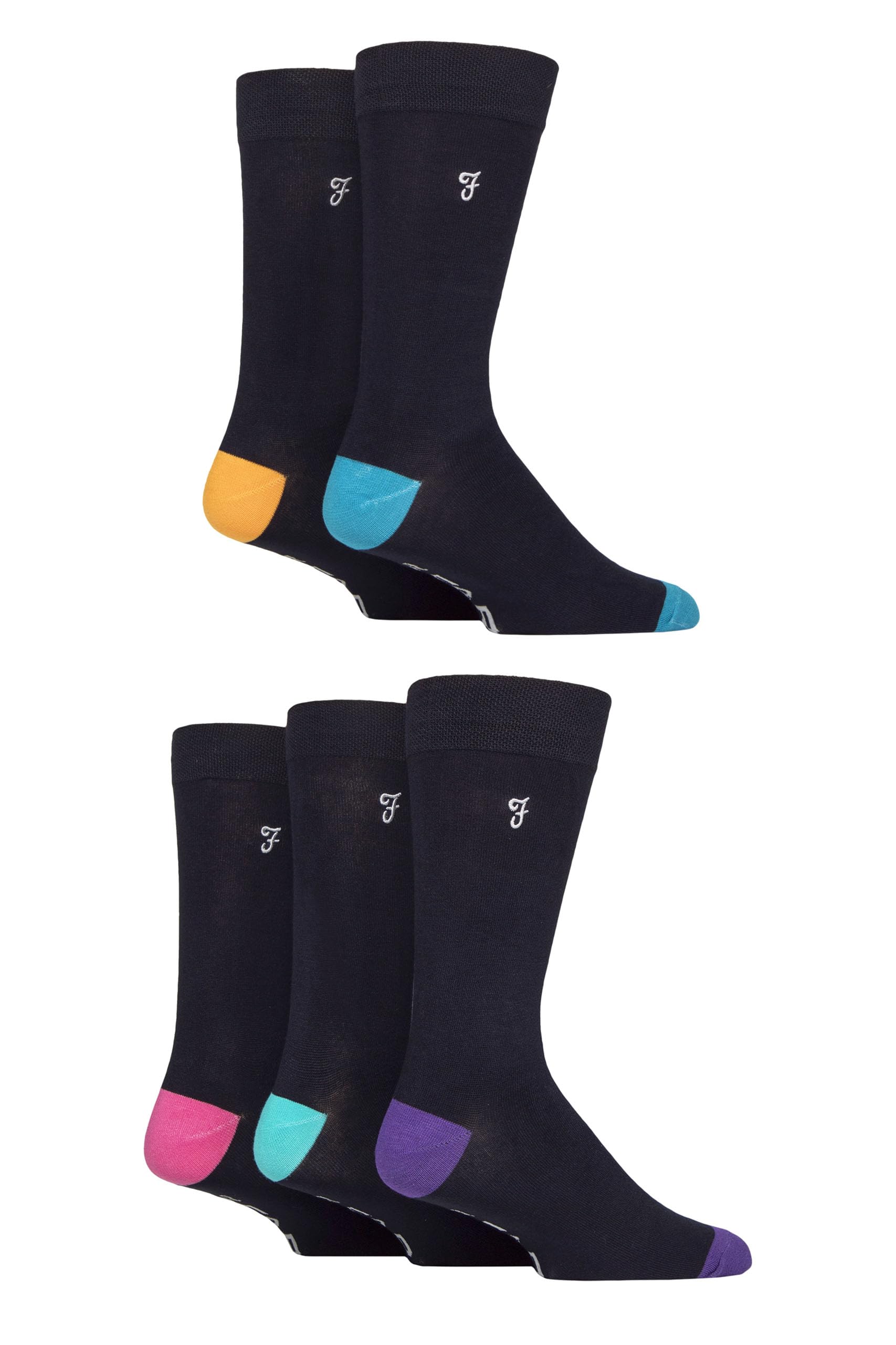 Farah Men's Contrast Navy Bamboo Socks Plain And Patterned Striped Argyle Spotty Designs, Bright Colourful, Gift For Him, 5 Pairs - 6-11