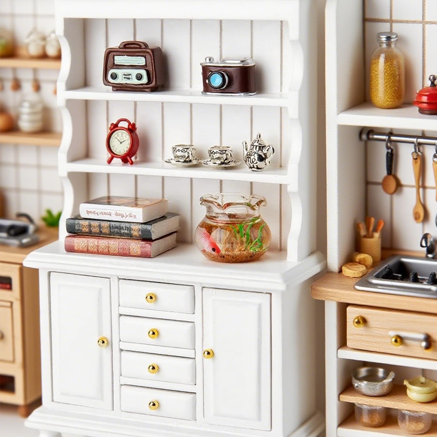 1:12 Set Librerie Per Case Delle Bambole, 11 Pezzi Mini Libreria In Legno Con Sveglia, Acquario, Libri, Tazzine Da Caffè Accessori Per Soggiorno, Sala Da Pranzo, Studio E Altre Scene