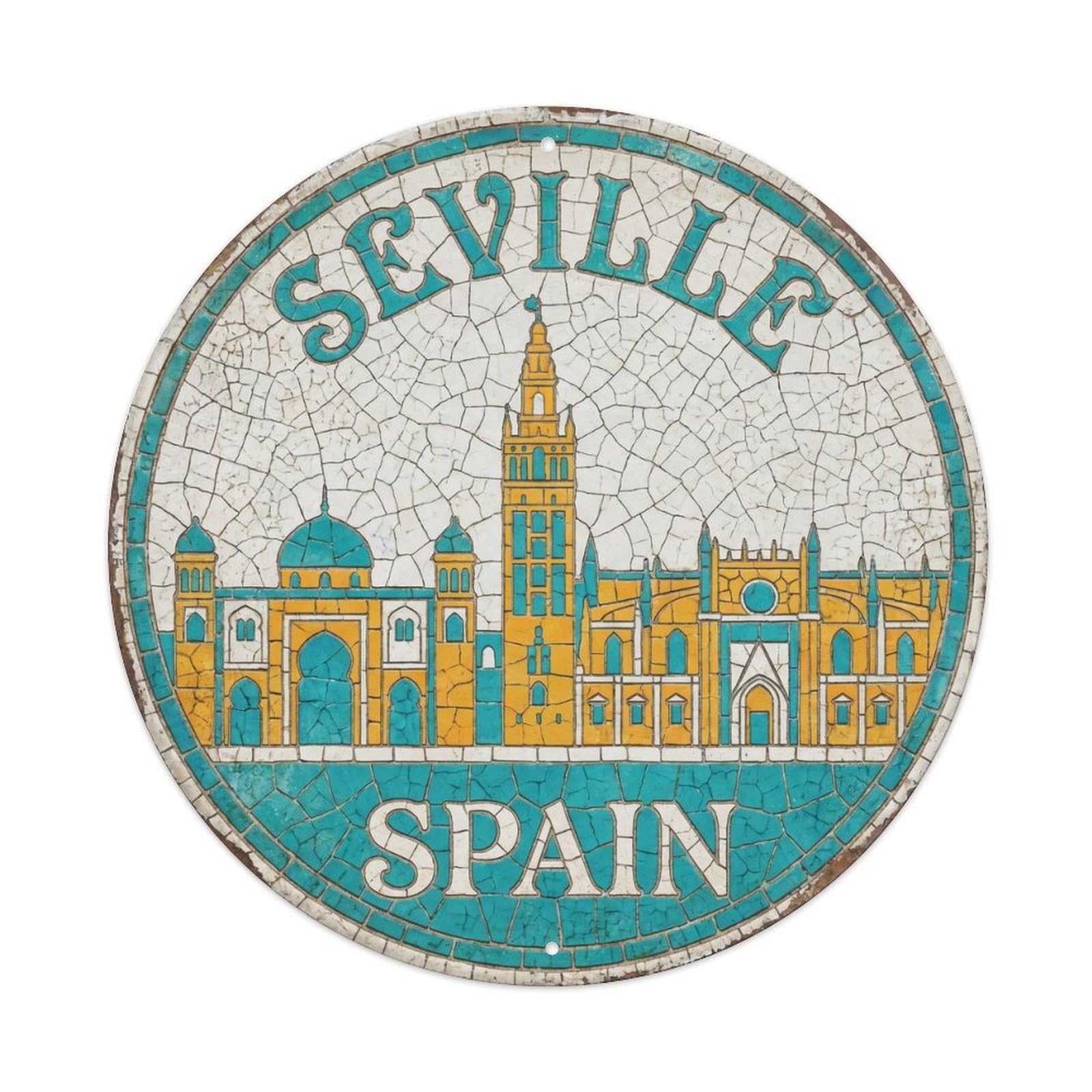 Vintage Travel Seville Skyline Spain Metal Tin Sign Plaque Wall Decor for Cafe, Club, Garden Round Metal Poster 8x8Inch