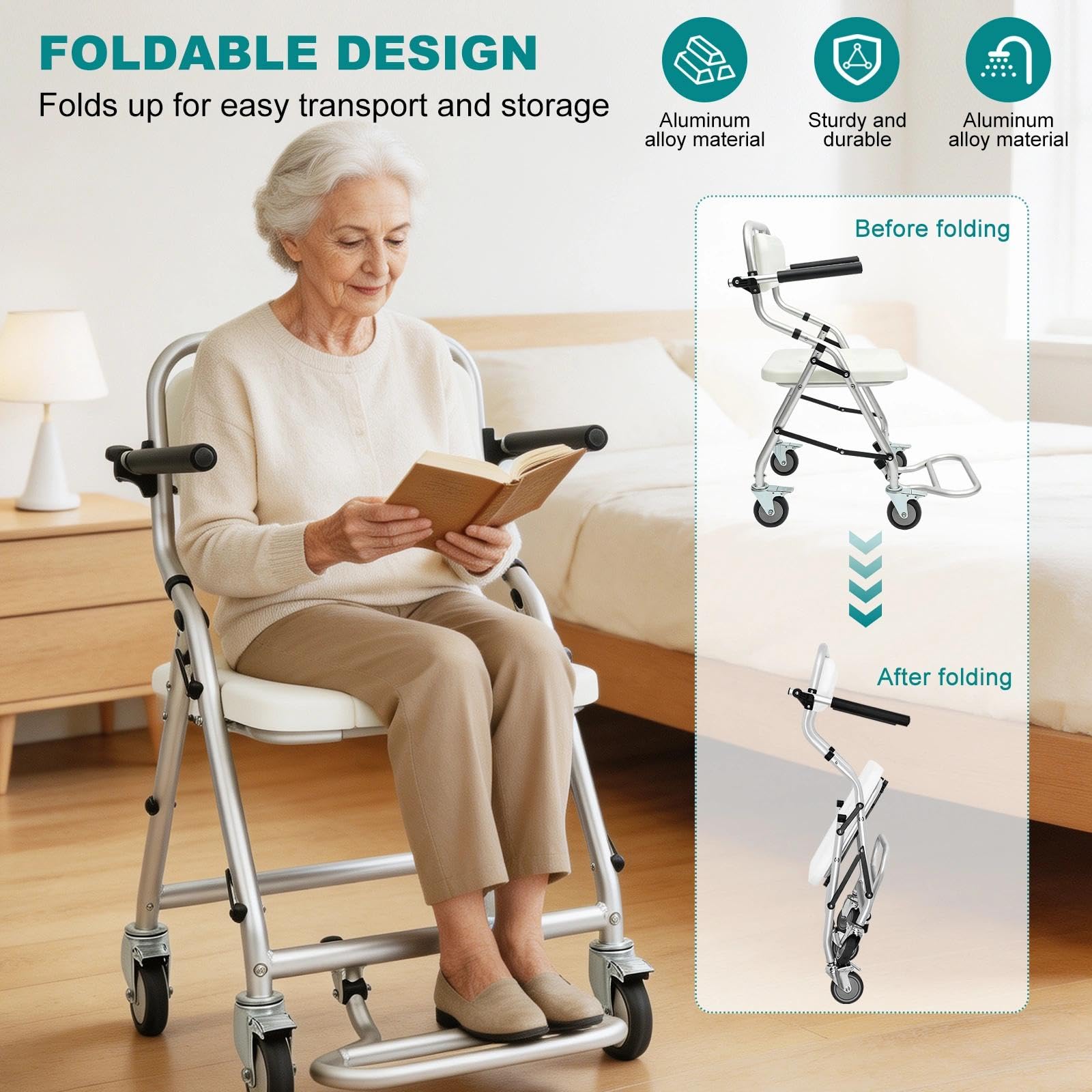 Silla de Ducha con Ruedas Plegable para Personas Mayores