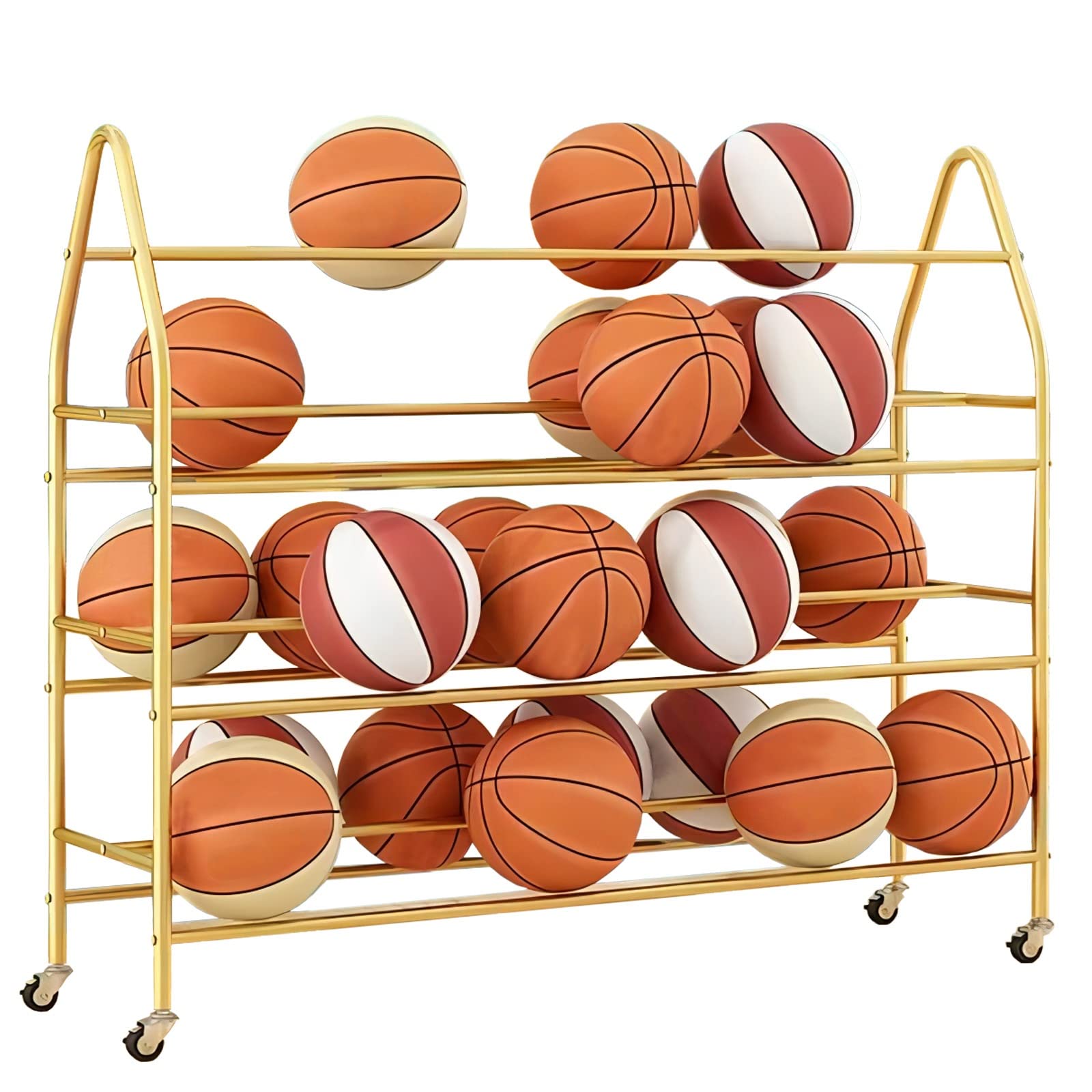 4-poziomowy sportowy stojak do przechowywania piłki nożnej i koszykówki, zamykane kółka, duża pojemność, oszczędność miejsca, 140 cm wysokości, idealny do nizacji sprzętu