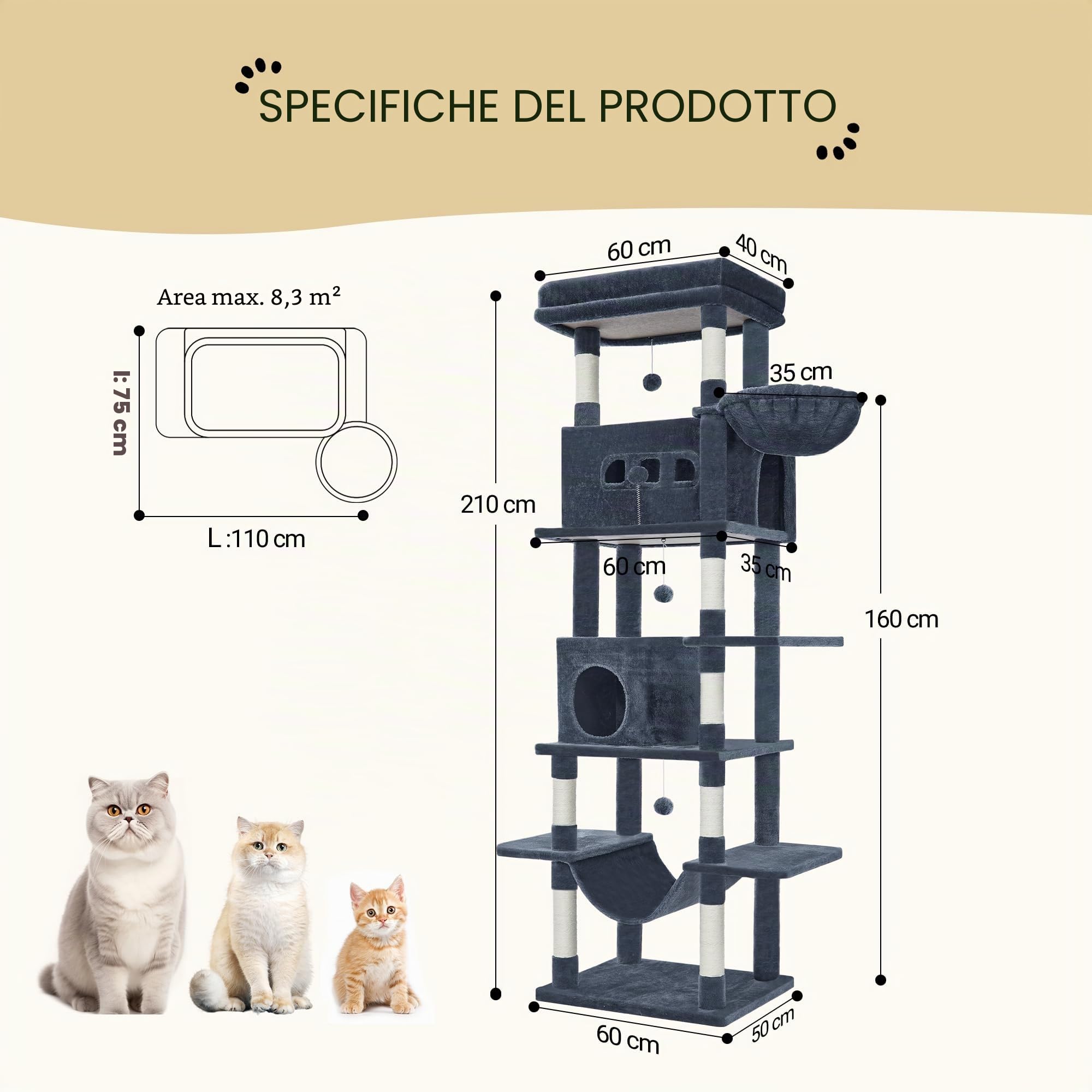 Hzuaneri Albero per Gatti, tiragraffi per gatti adulti 210 cm, xxl, giochi per gatti, Lavabile, trespolo per gattis con 2 Grotte, 8 Tiragraffi, Cestini, Amaca, Pompon, Grigio Scuro MS21018SG