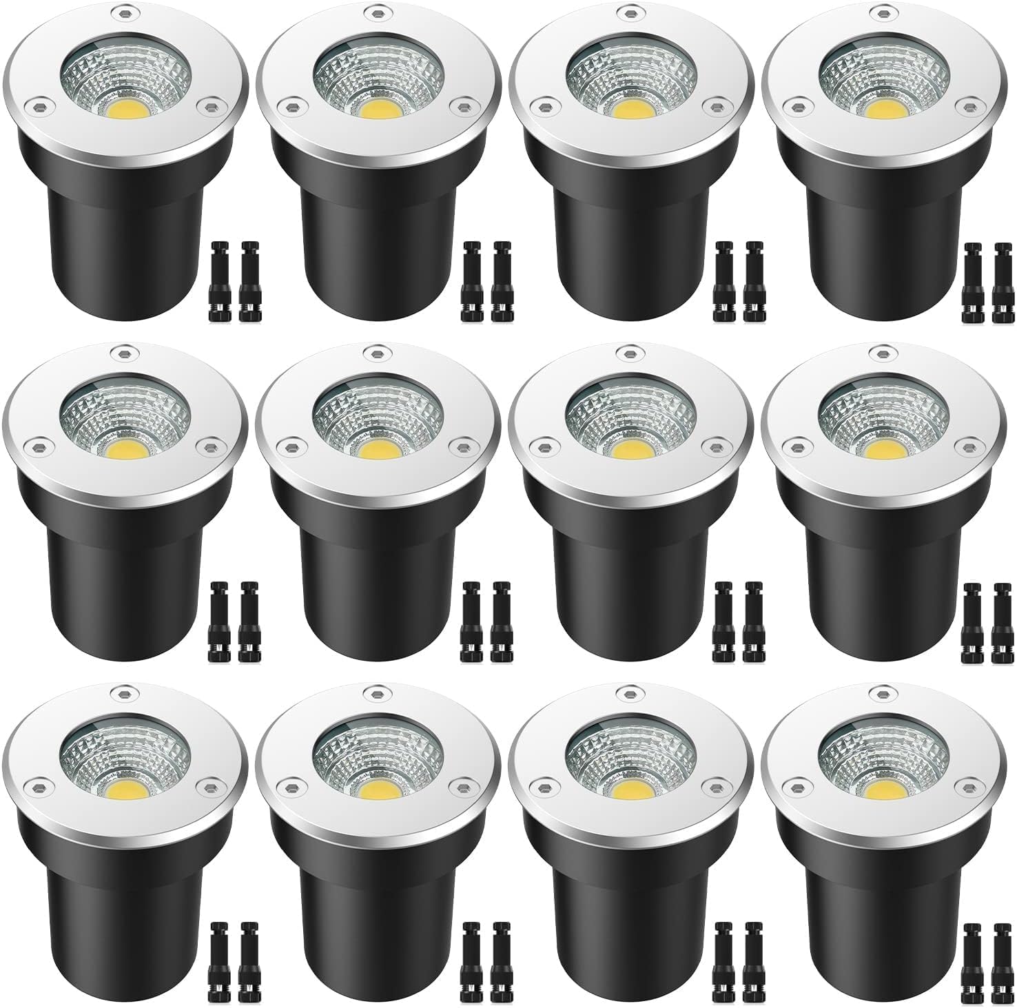 LED Landscape Lights, 12 Pack 7W Ground Lights With 24 Connectors, Low Voltage In-Ground Well Pathway Lighting, Warm White, Waterproof for Driveway, Deck, Step, Garden