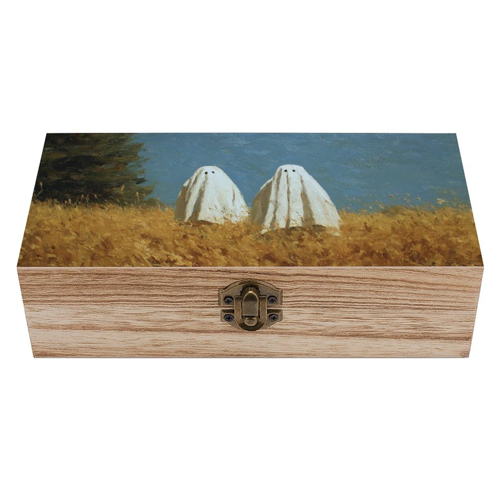 Ahdyr Two White Ghosts in Countryside Wooden Storage Box with Hinged Lid And Front Clasp Large Keepsake Box