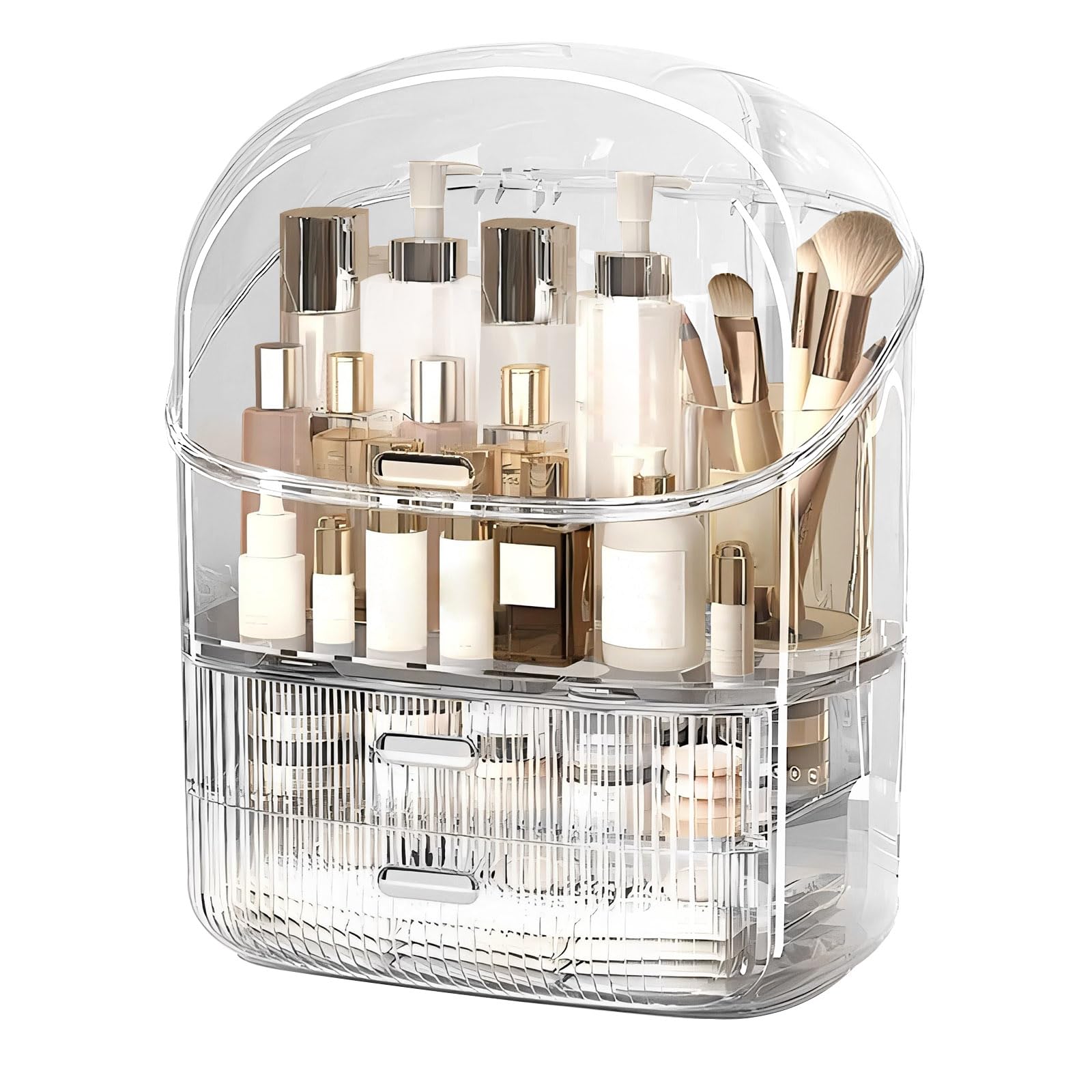 DASITON Großer Make up Kosmetik Organizer mit 2 Schubladen,Staubdichte Kosmetik Aufbewahrung mit Deckel,Cosmetic Skincare organizer für Schminktisch,Badezimmer,Schlafzimmer(Transparent)