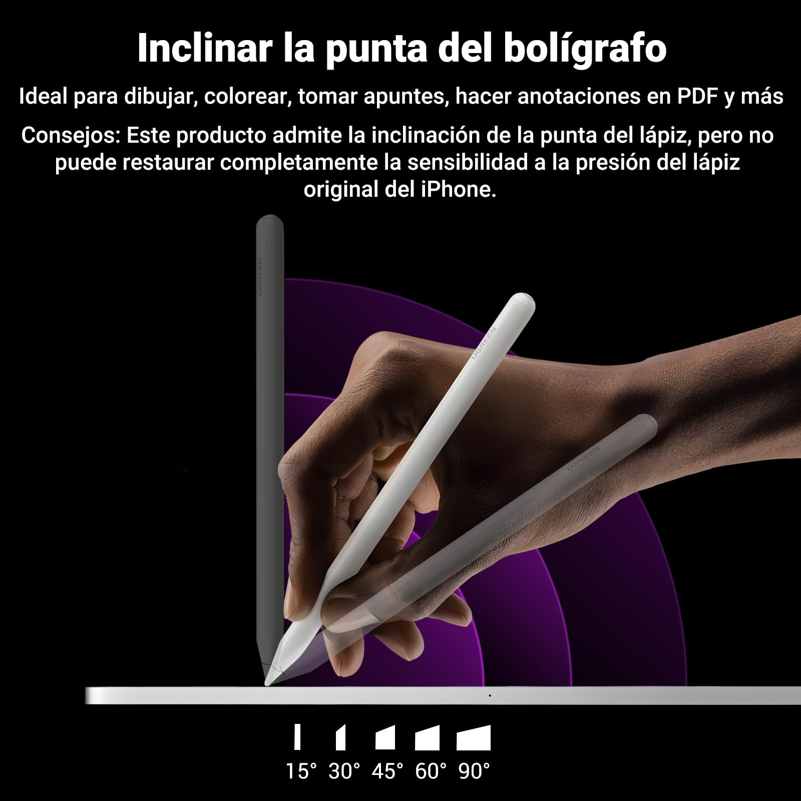 UGREEN Lápiz óptico Magnético, Carga Inalámbrica, Rechazo de Palma, Detección de Inclinación, Lápiz de Alta Precisión Pencil Compatible con iPad Pro de 12,9/11 Pulgadas (2018-2022) Air 4/5 10 Mini 6