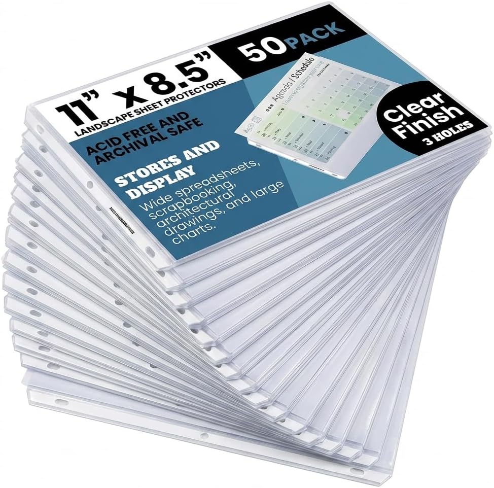 Performore 100-Pack Landscape Sheet Protectors | 11×8.5" Clear Top-Loading Sleeves | 3-Hole Punched, Acid-Free, Archival Safe Plastic for Binders, Scrapbooks, Photos & Documents