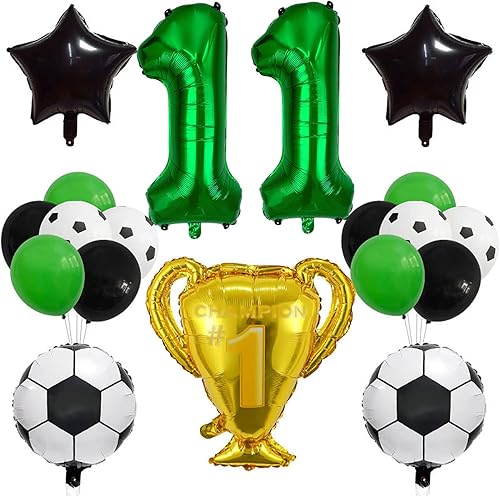 Juego de globos de copa de campeón de fútbol, decoración de cumpleaños número 11, globo de fútbol de aluminio verde número 11, globo de estrella