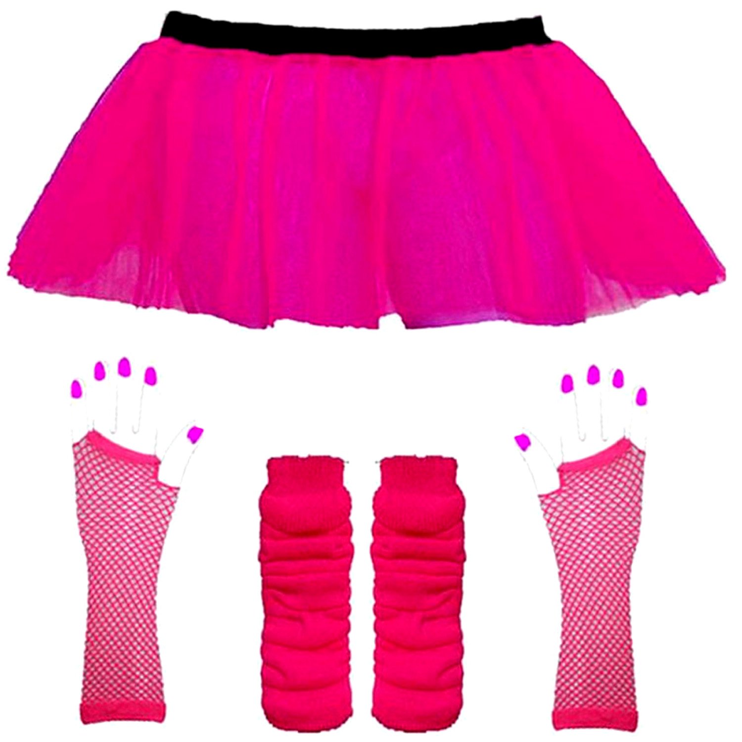 Four Piece Adult Tutu Set Pink Neon 8-14 Tutu Legwarmers Fishnet Gloves Beads 80s Fancy Dress Costume
