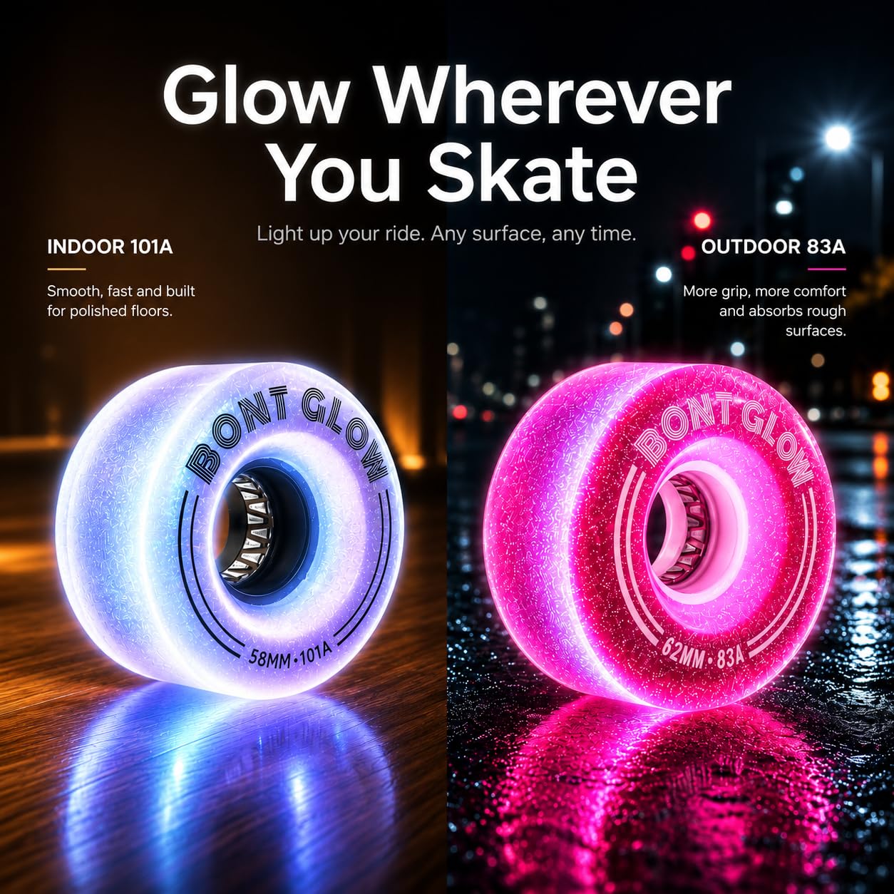 Bont Glow - Ruote per pattini a rotelle, senza batteria, 58 x 32 mm, 101 A, confezione da 4, per esterni e quad (lettera d'amore rosa)