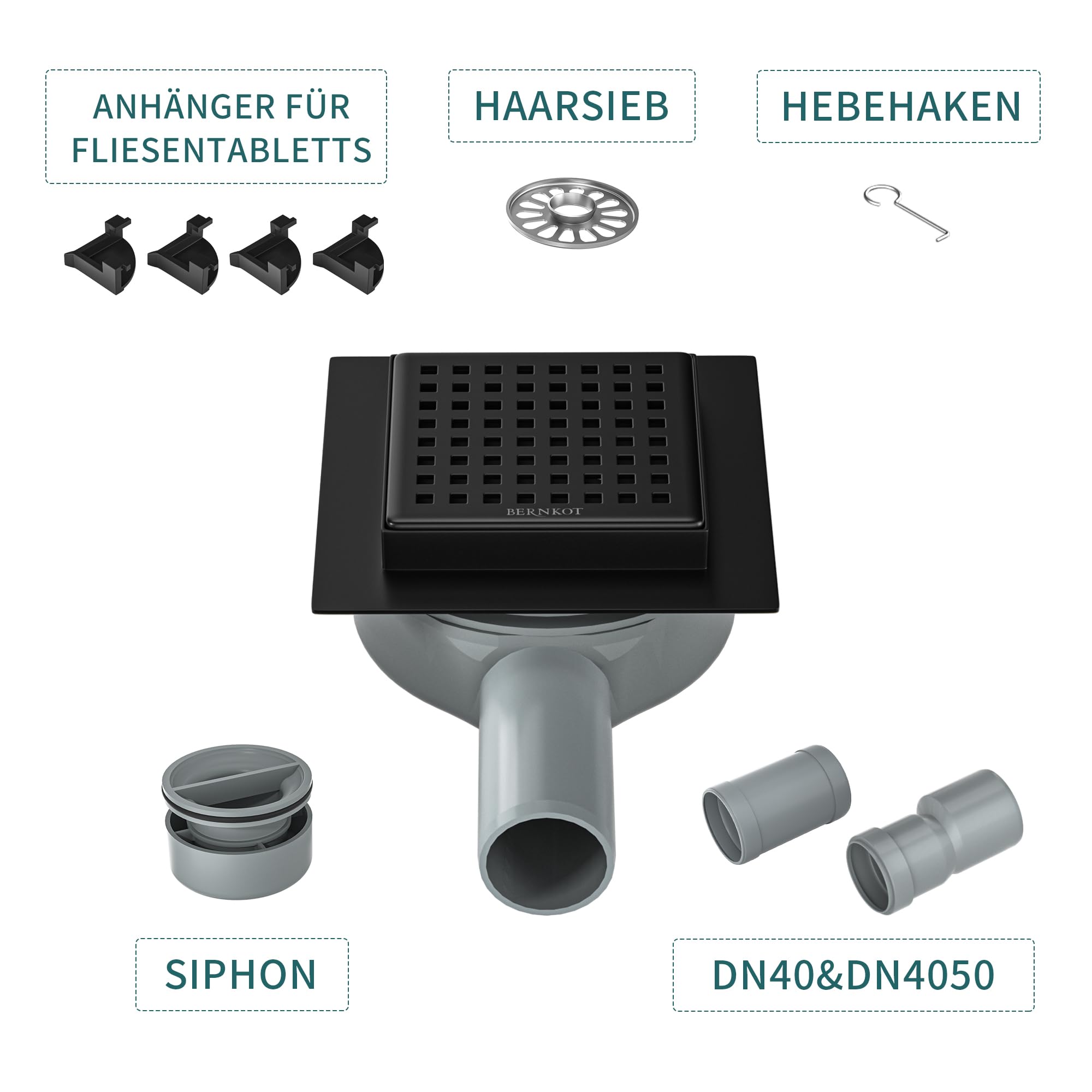 Bernkot Vierkante douchegoot 10 x 10 cm, 360° sifon met geurremmend systeem en 2-in-1 haarzeef, roestvrij staal, zeer plat, DN50 DN40, goud