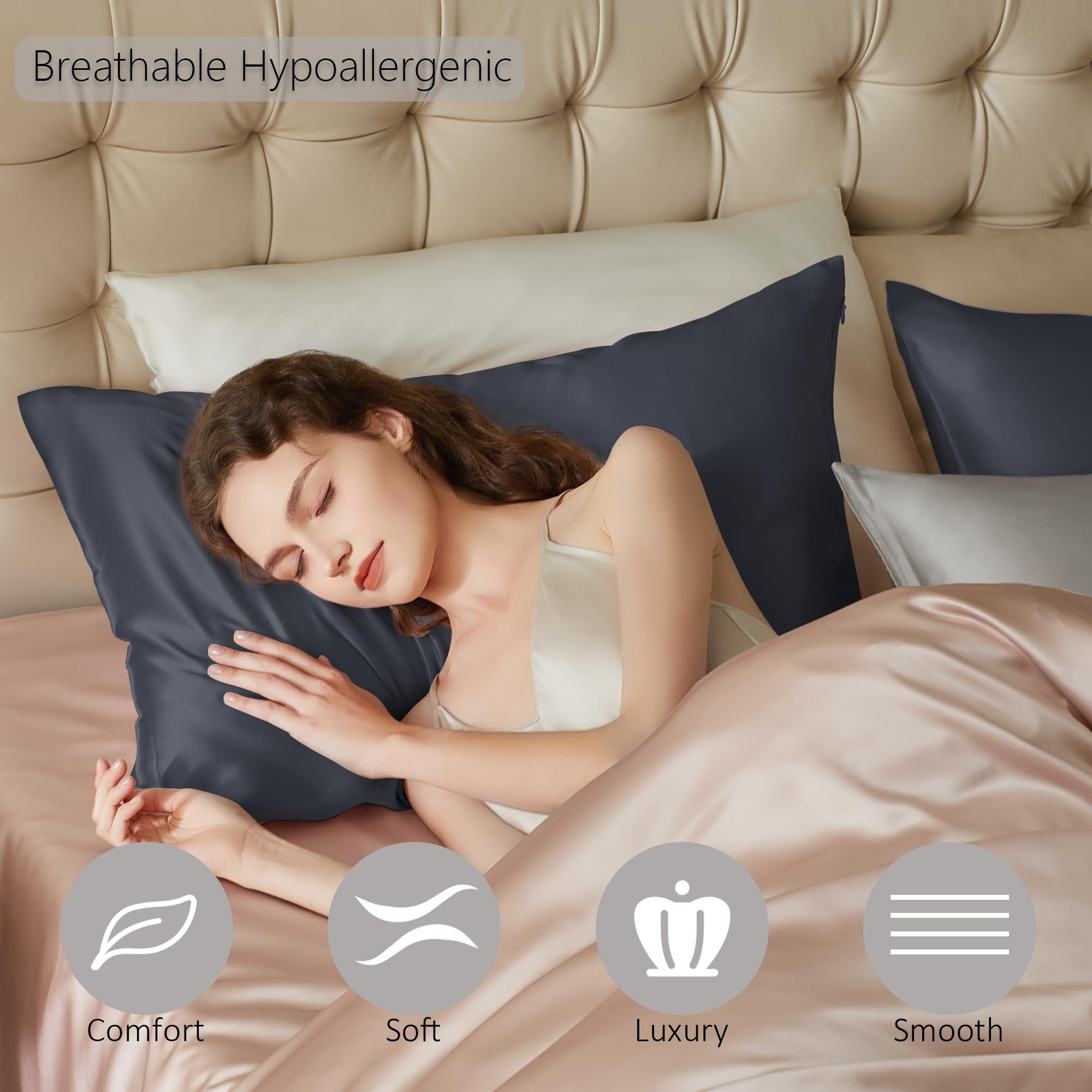 townssilk Federa seta cuscino,100% naturale seta di gelso 19momme,doppia faccia,benefica per capelli e pelle,ipoallergenica,cerniera nascosta,1 pz,50x75cm,Darkgrey