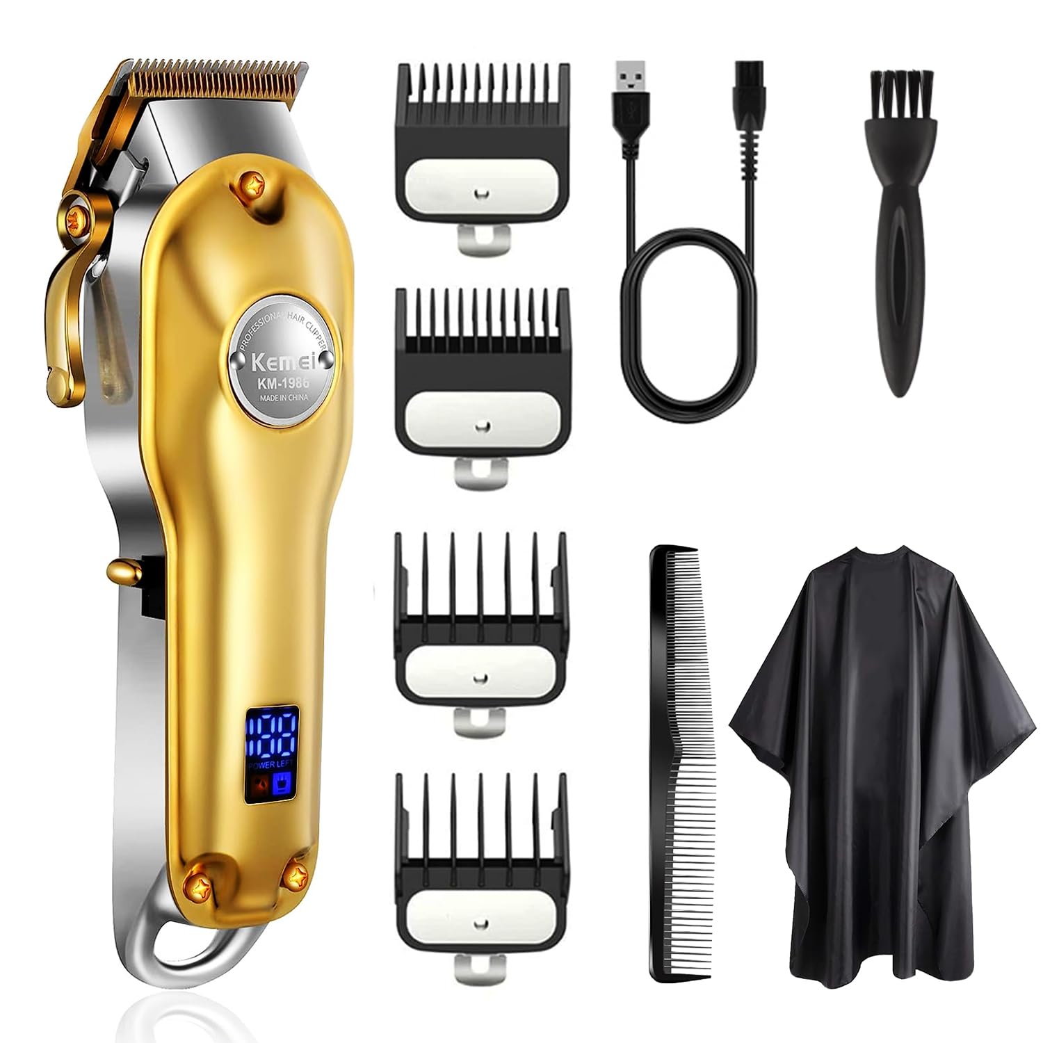 KEMEI Golden Cordless Hair Clipper Professional Hair Clippers Hair Trimmer for Men for Stylists and Barbers Full Metal Housing Hair Clipper USB Charge (Golden)